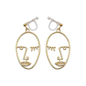 Gold Picasso Face Wink Invisible Clip On Earrings