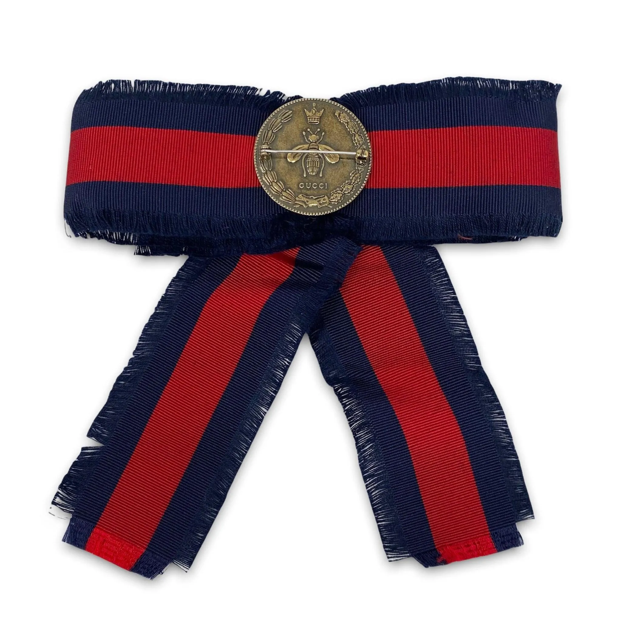 Gucci Blue & Red Grosgrain Crystals Bow Brooch