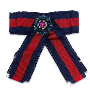 Gucci Blue & Red Grosgrain Crystals Bow Brooch