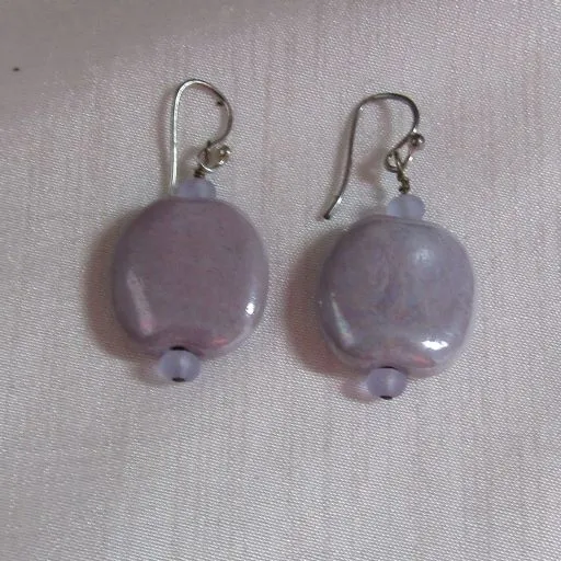 Handmade Bead Kazuri Earring in Cream Lilac or Blue