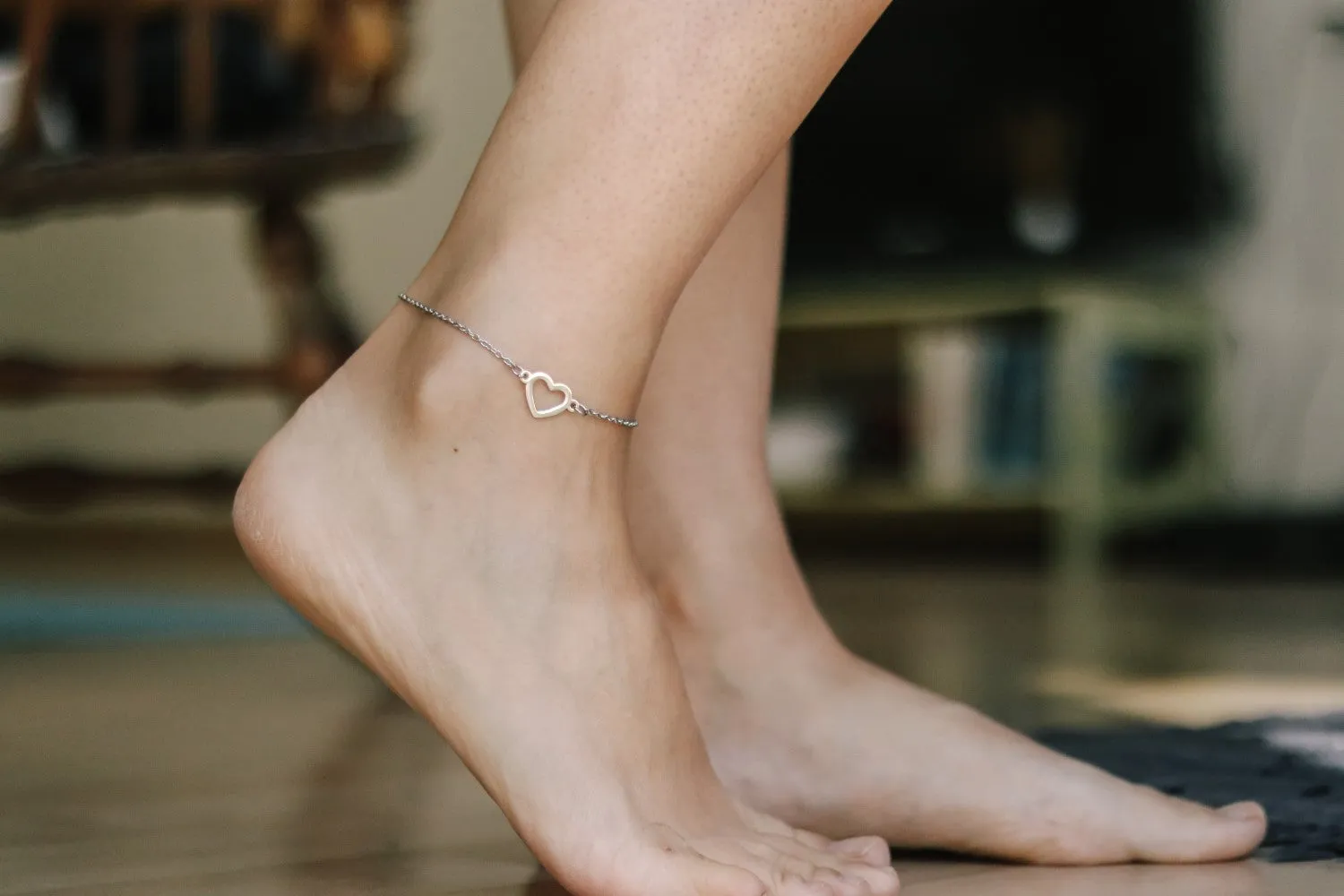 Heart anklet, waterproof silver chain ankle bracelet, custom length, festival jewelry