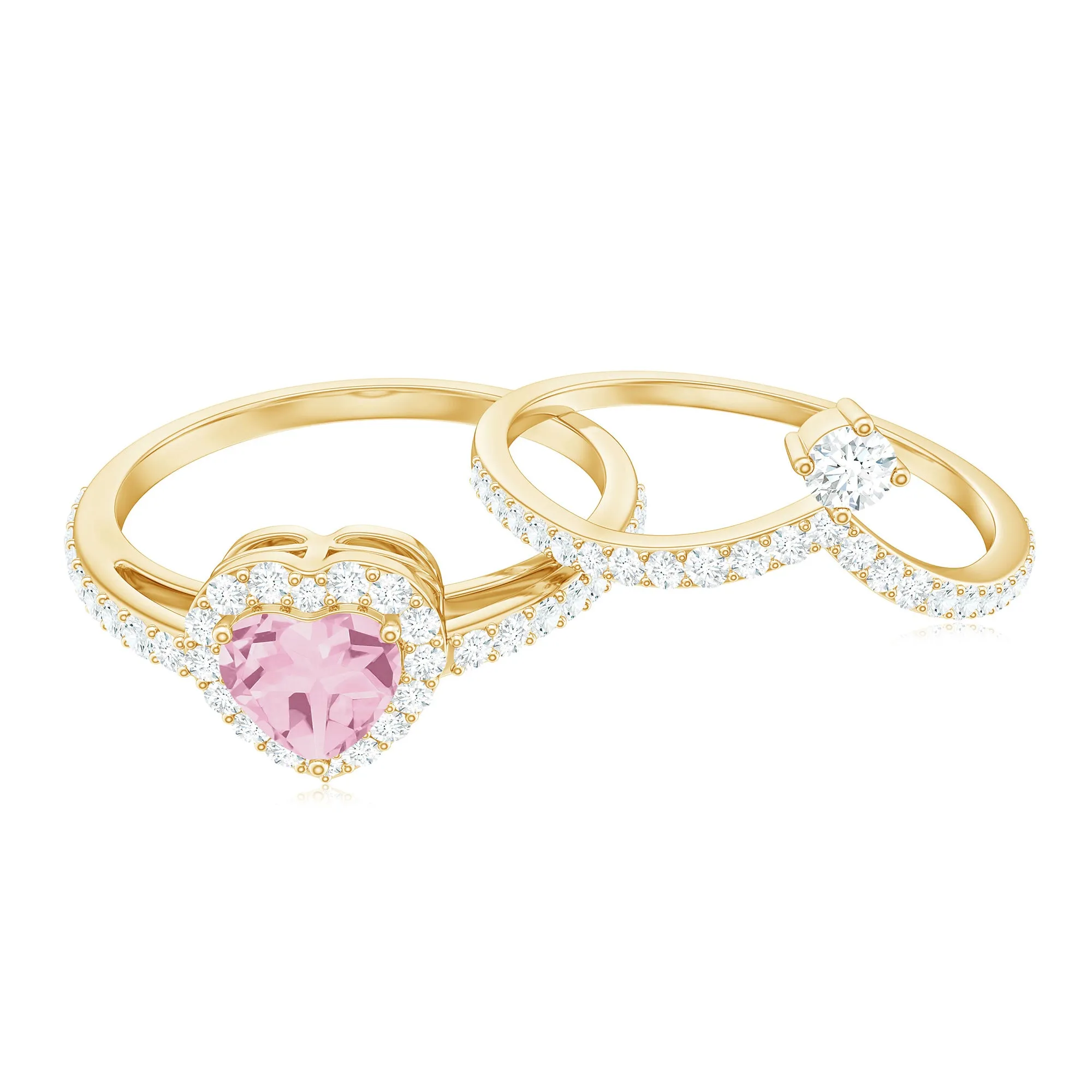 Heart Shape Rose Quartz Ring Set with Moissanite