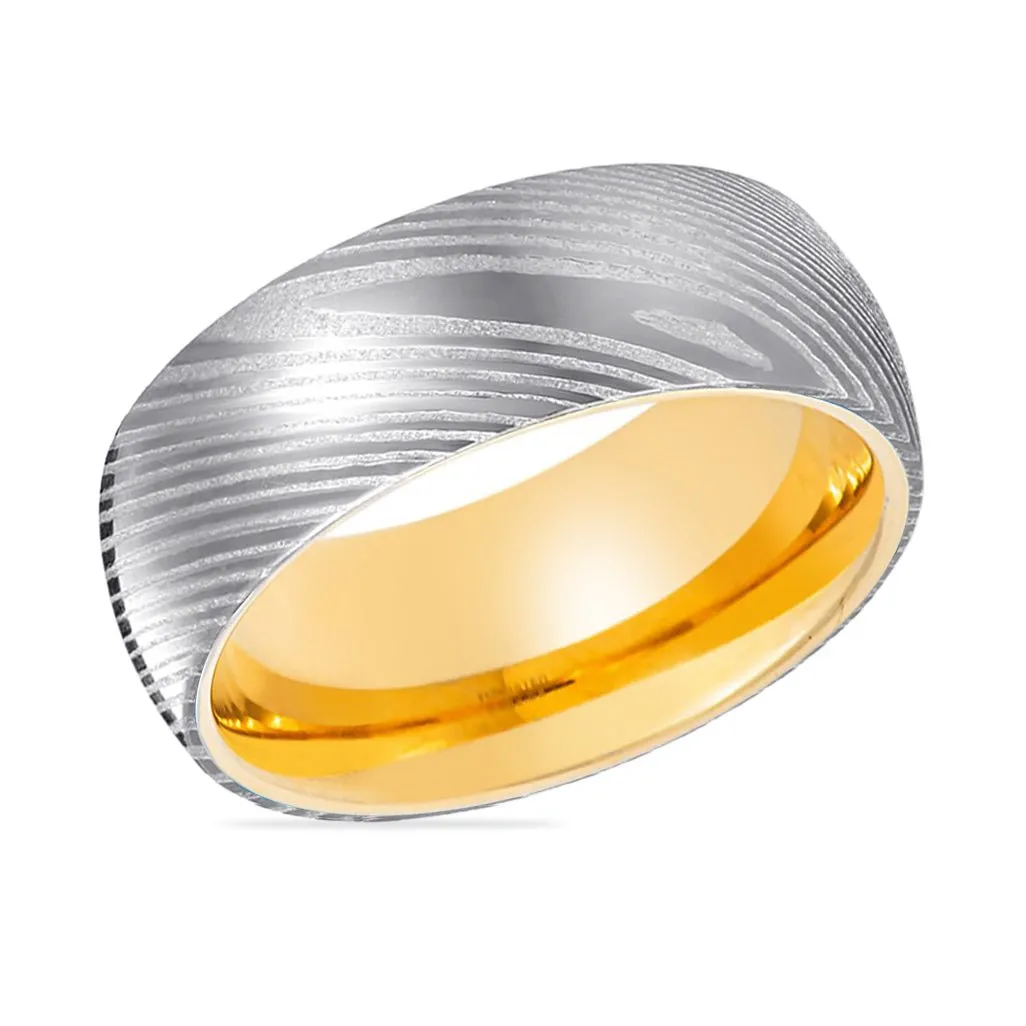 JUNO | Gold Ring, Silver Damascus Steel, Domed