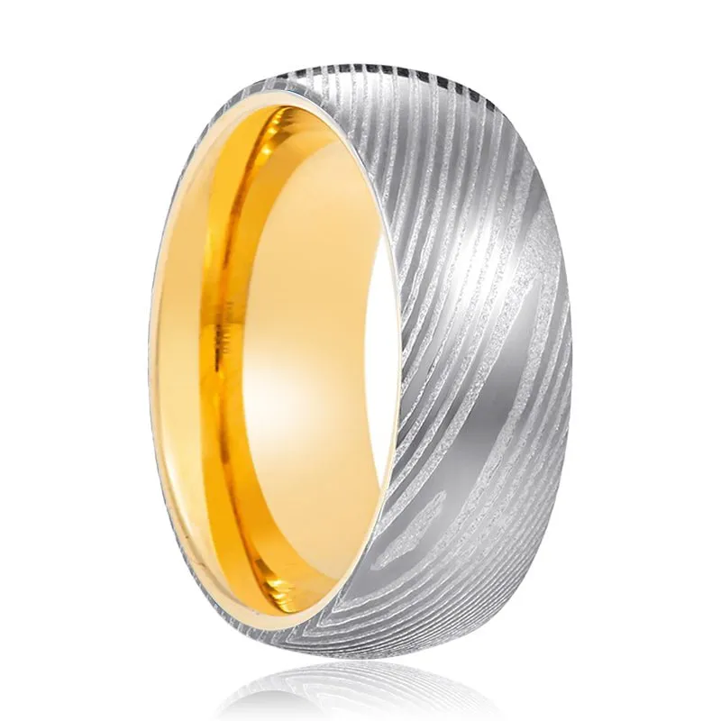 JUNO | Gold Ring, Silver Damascus Steel, Domed