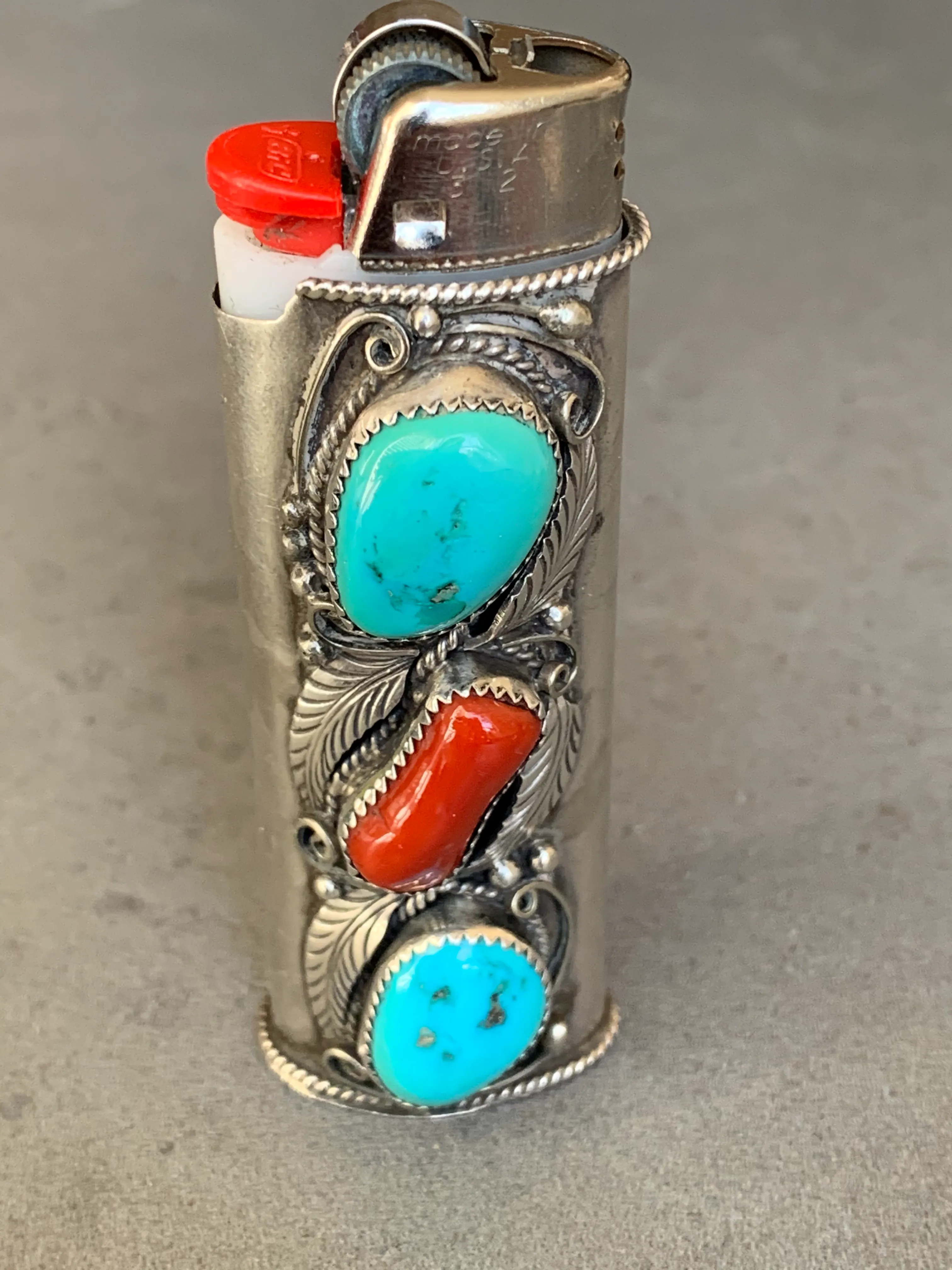 Justin Morris Navajo Sterling Bic Lighter Holder Turquoise and Coral