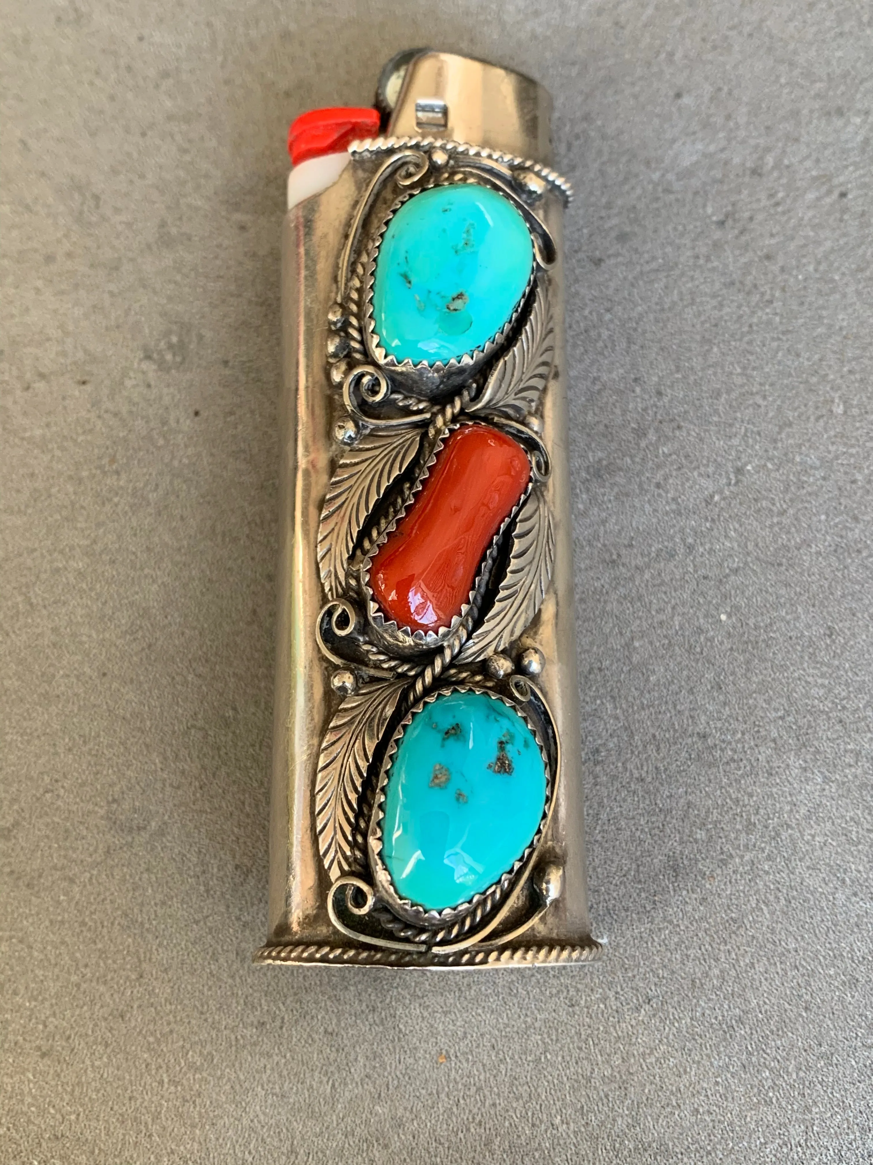Justin Morris Navajo Sterling Bic Lighter Holder Turquoise and Coral
