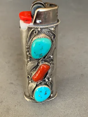 Justin Morris Navajo Sterling Bic Lighter Holder Turquoise and Coral