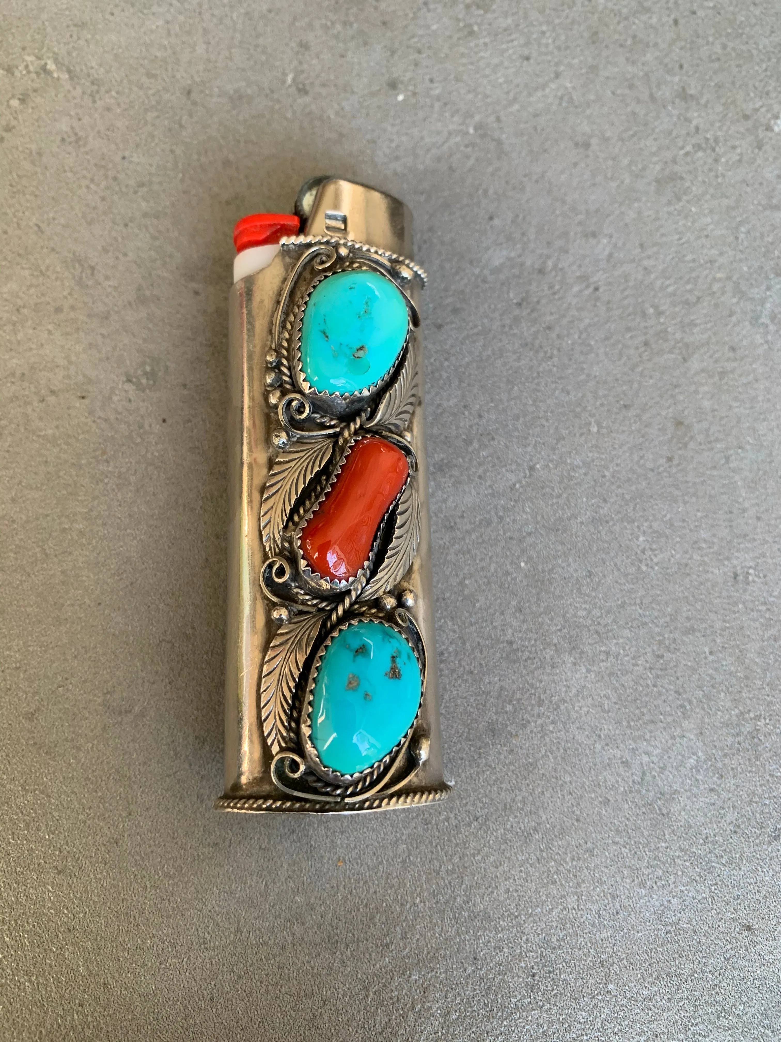 Justin Morris Navajo Sterling Bic Lighter Holder Turquoise and Coral