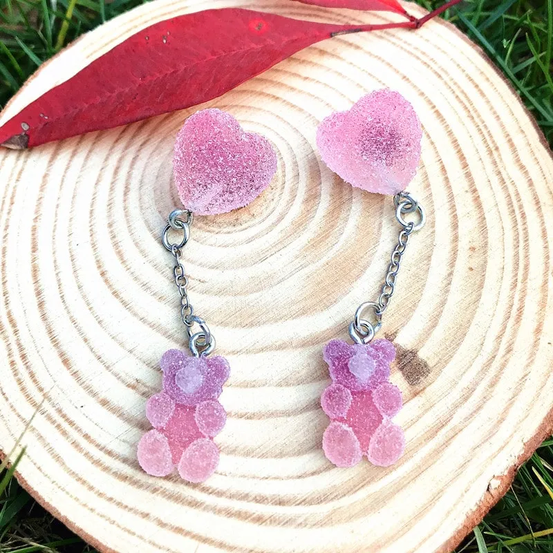 Kawaii Sugar Bear Heart Earrings