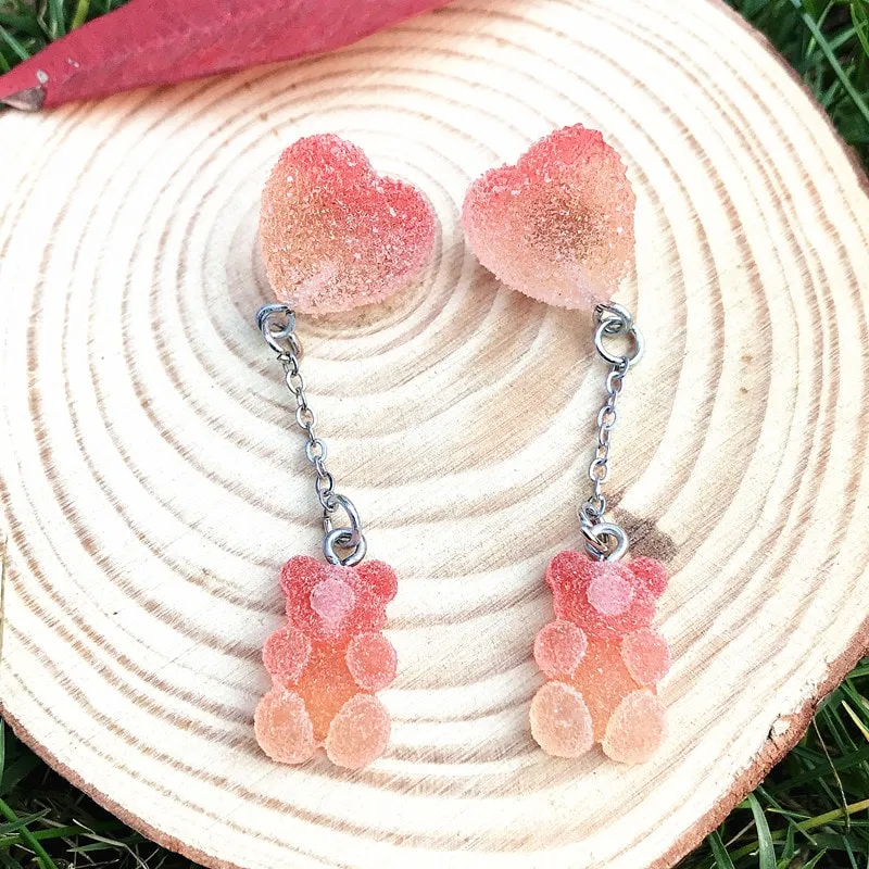 Kawaii Sugar Bear Heart Earrings