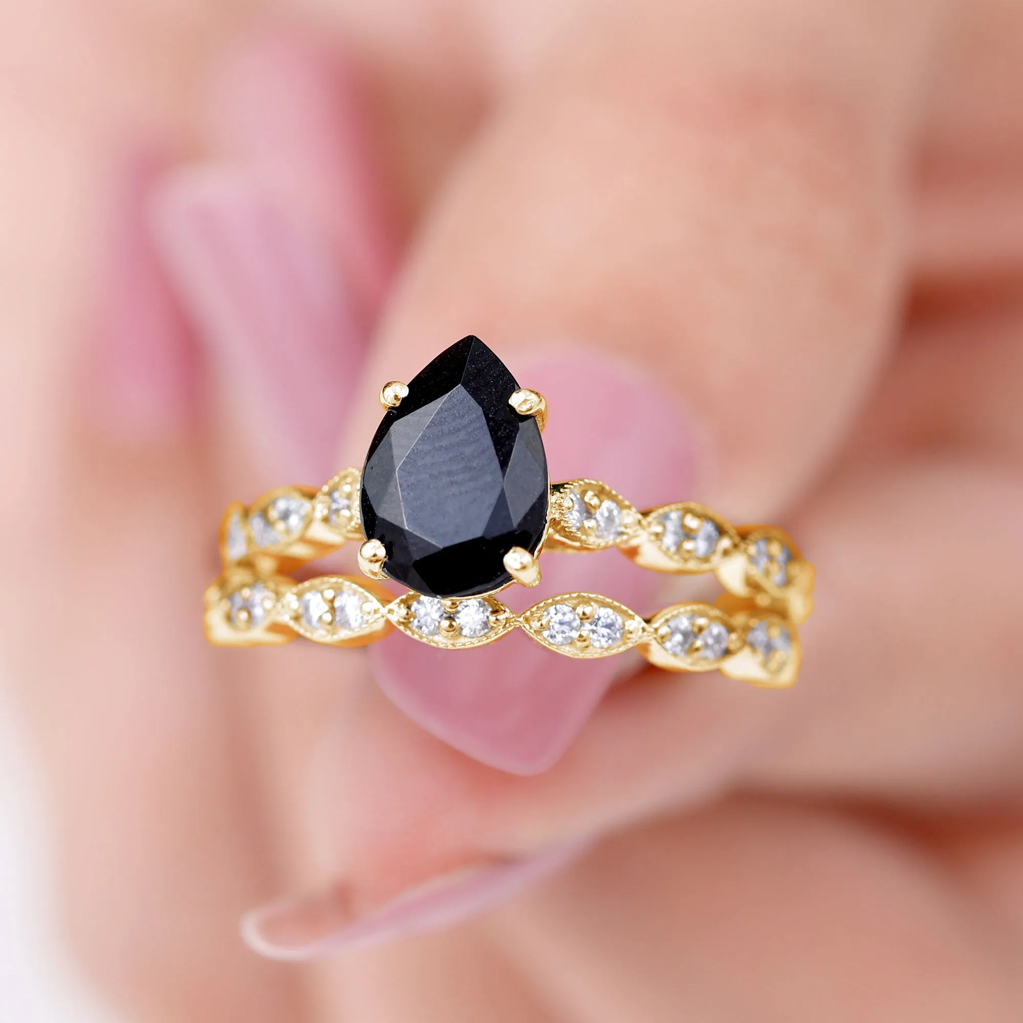 Lab Grown Black Diamond Teardrop Engagement Ring with Moissanite Wedding Band