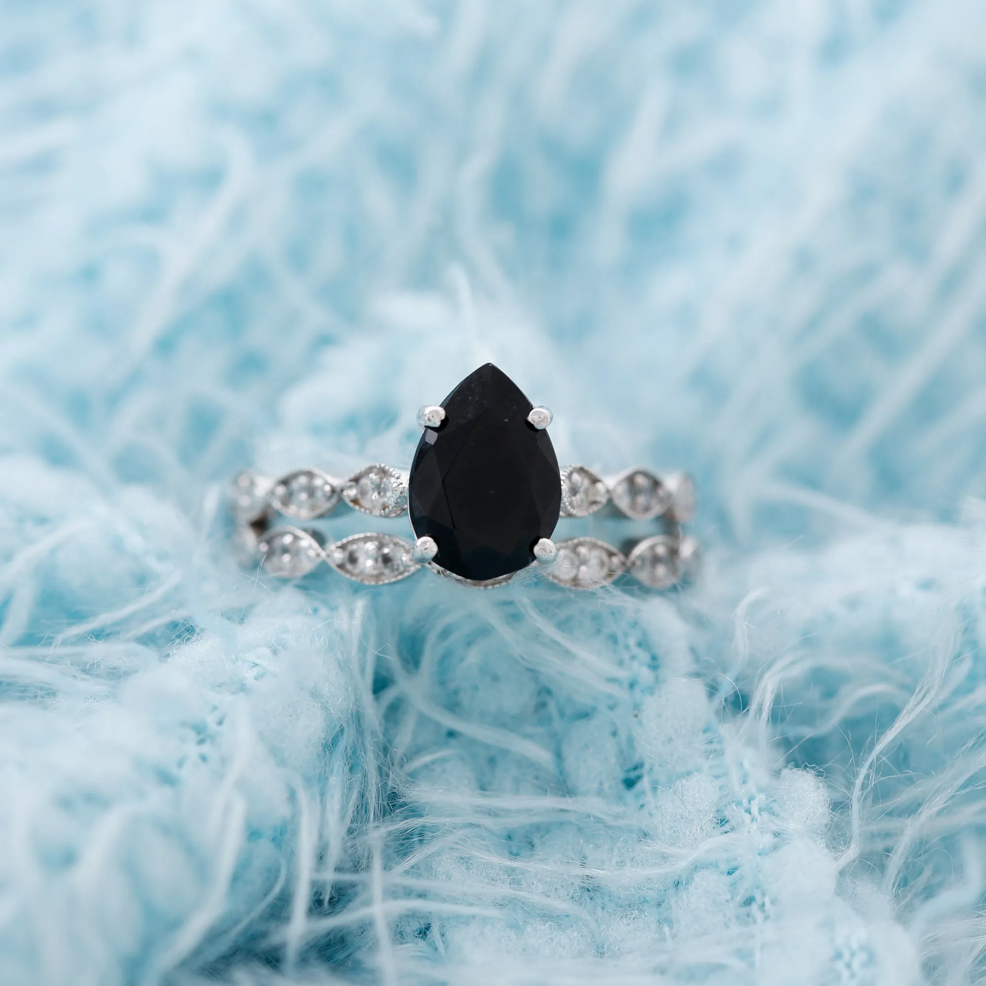 Lab Grown Black Diamond Teardrop Engagement Ring with Moissanite Wedding Band
