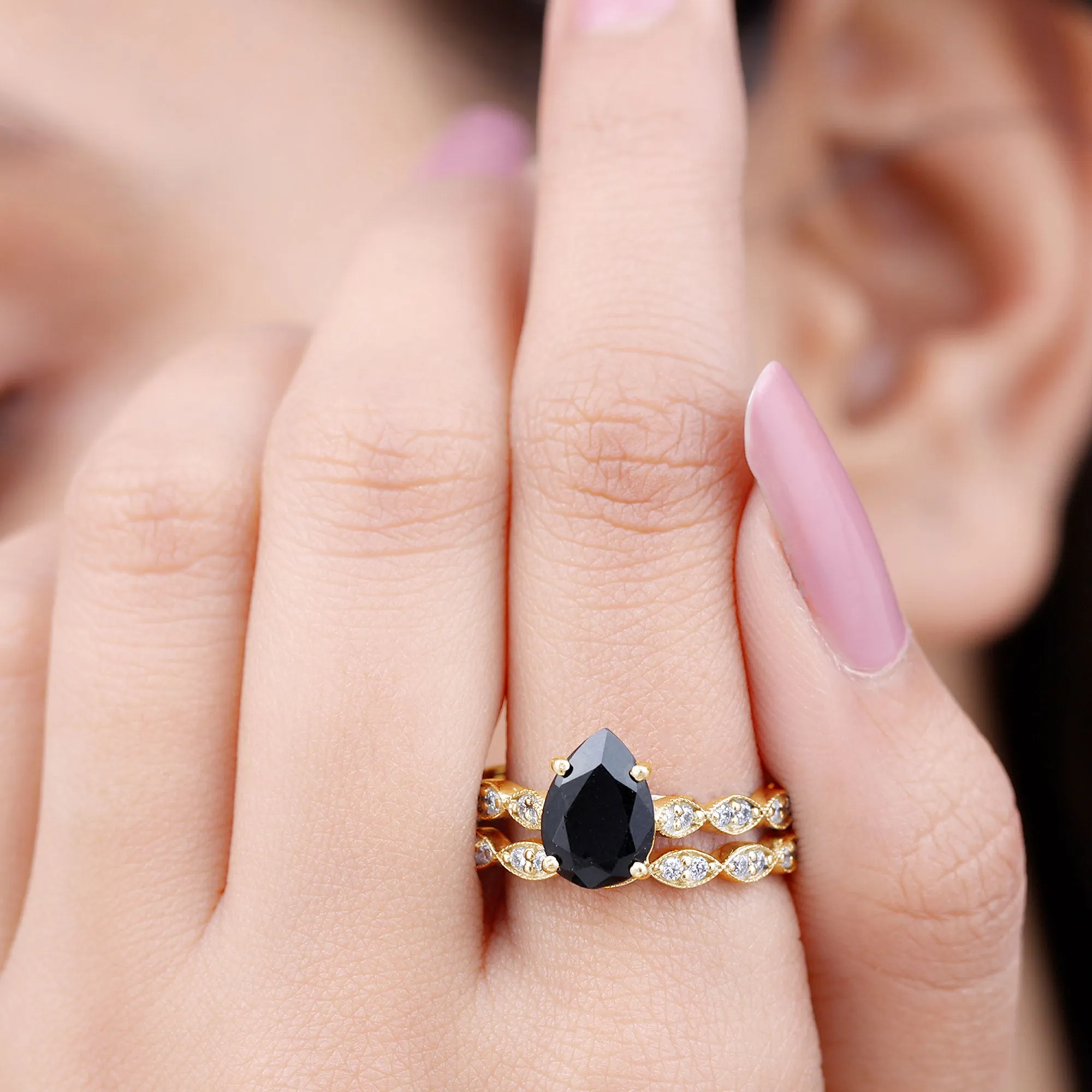 Lab Grown Black Diamond Teardrop Engagement Ring with Moissanite Wedding Band