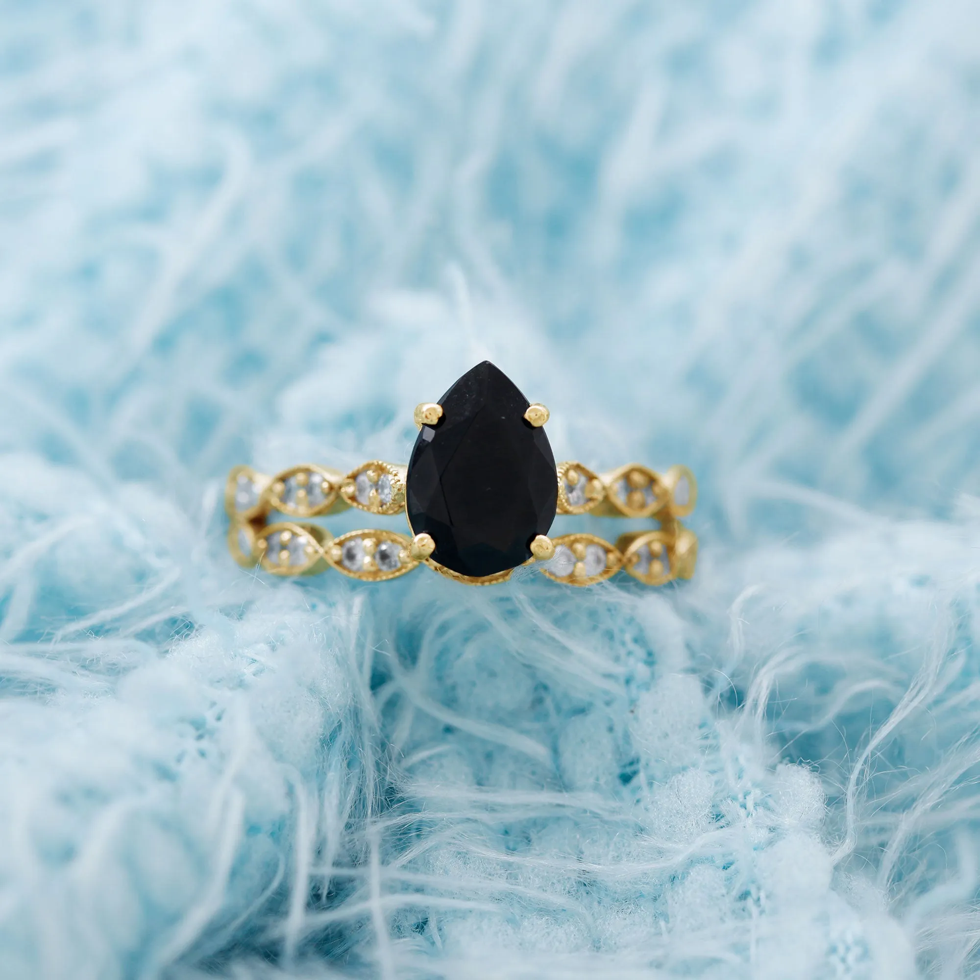 Lab Grown Black Diamond Teardrop Engagement Ring with Moissanite Wedding Band