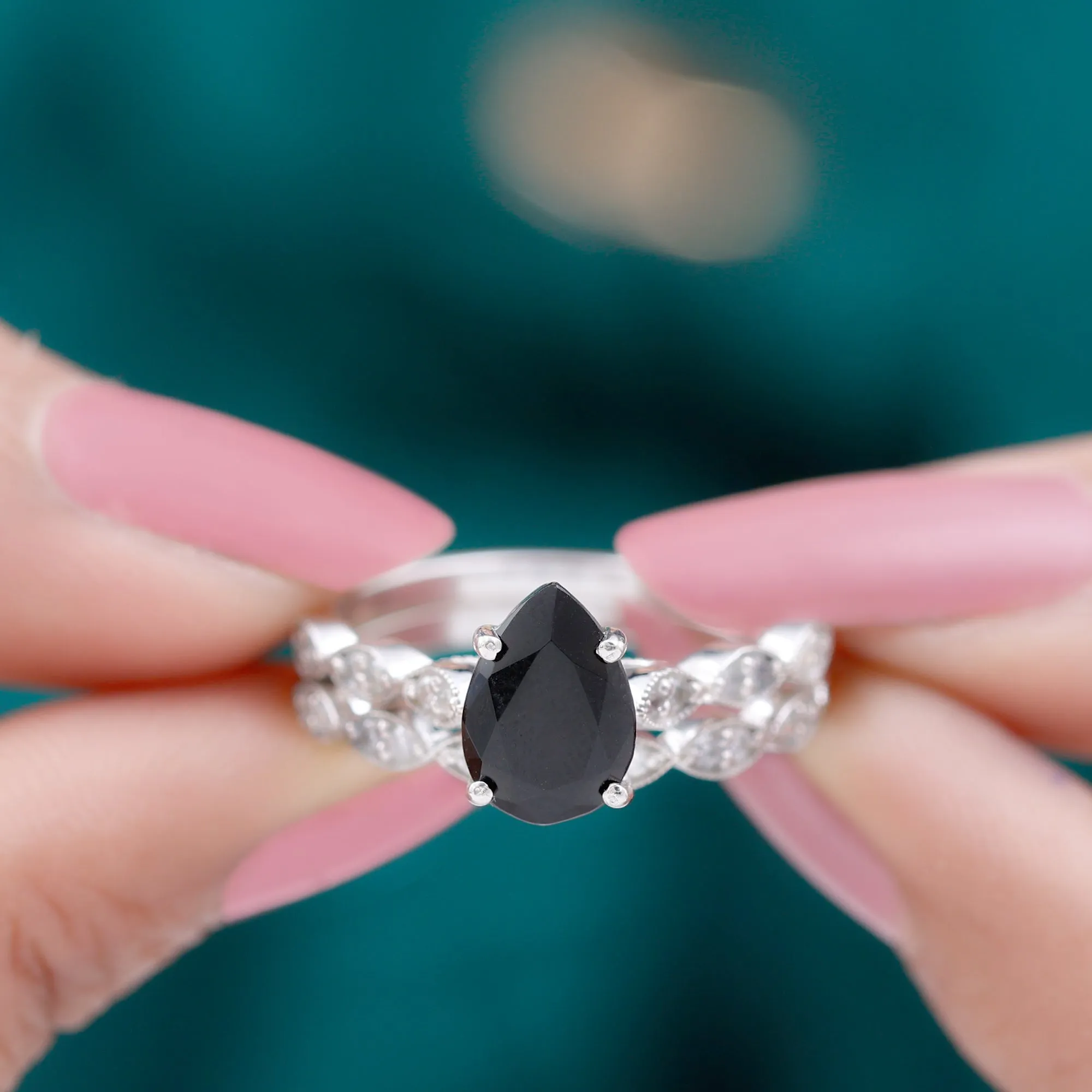 Lab Grown Black Diamond Teardrop Engagement Ring with Moissanite Wedding Band