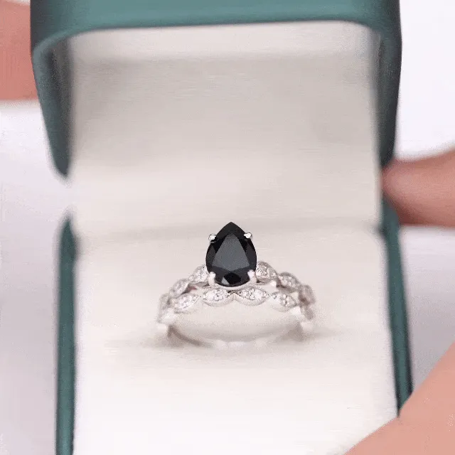 Lab Grown Black Diamond Teardrop Engagement Ring with Moissanite Wedding Band