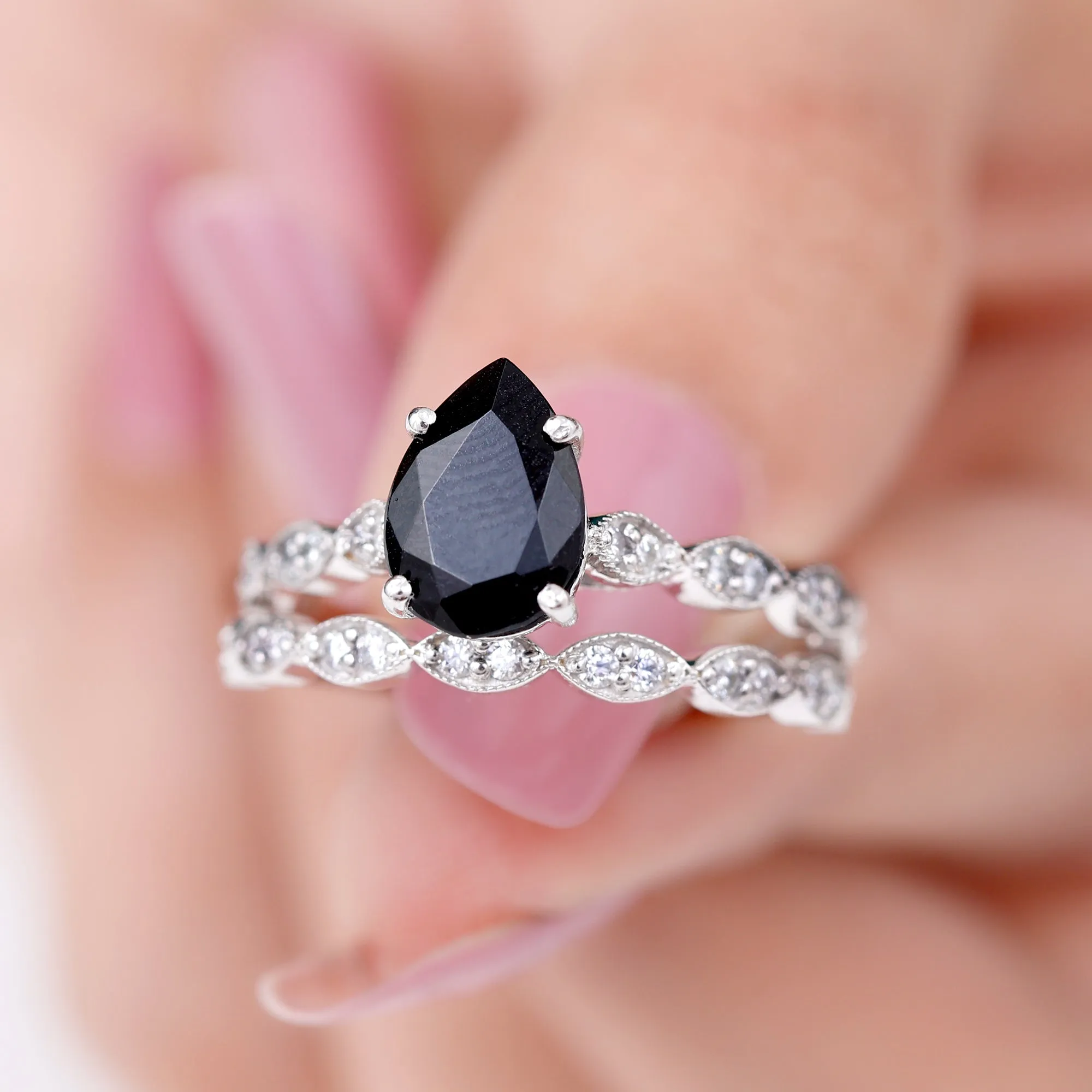 Lab Grown Black Diamond Teardrop Engagement Ring with Moissanite Wedding Band