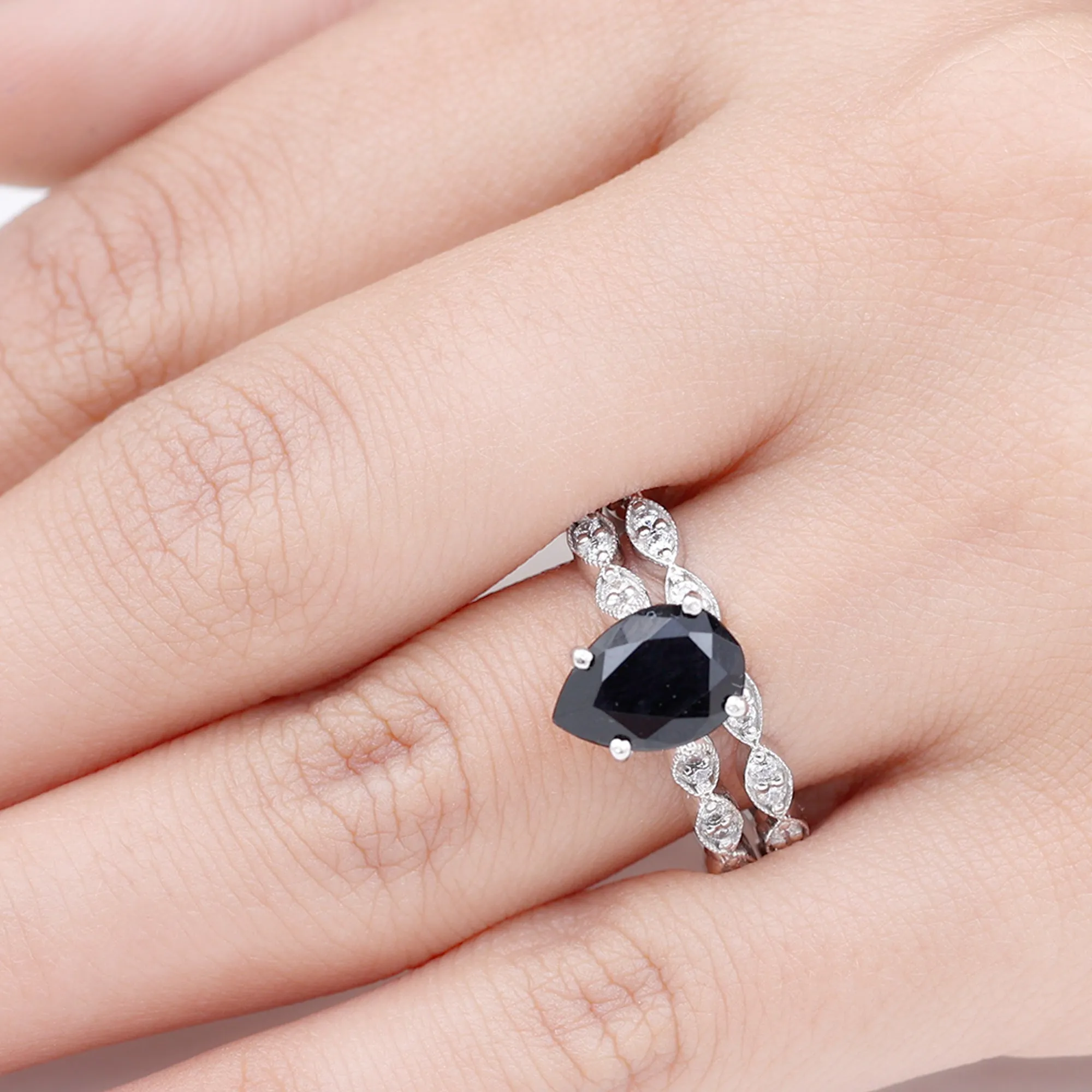 Lab Grown Black Diamond Teardrop Engagement Ring with Moissanite Wedding Band