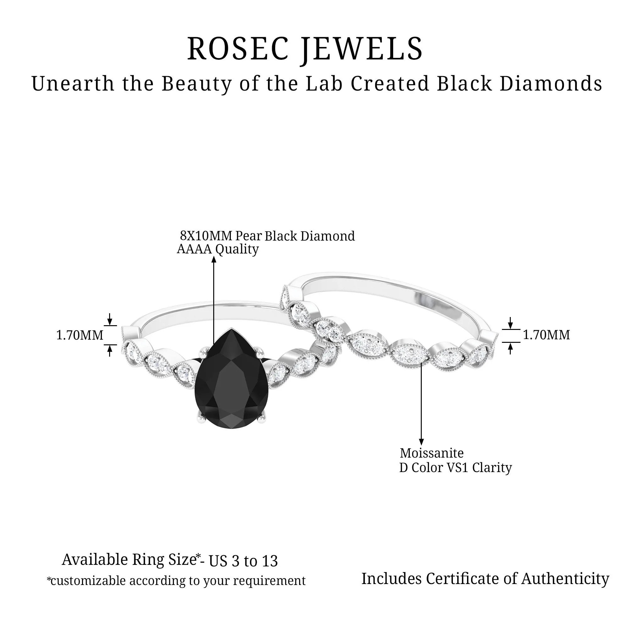 Lab Grown Black Diamond Teardrop Engagement Ring with Moissanite Wedding Band