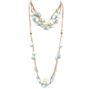 Matte Aquamarine With Matte White Oval Crystal And Matte Gold Beads Putty Leather And Natural Linen 3 Strand Torsade Style Necklace And Suede Layer Necklace