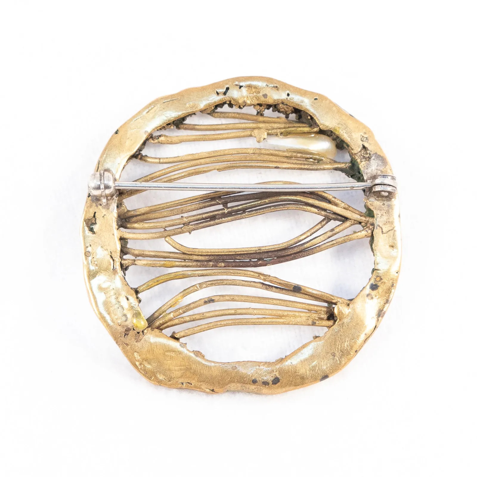 Modernist Brass and Pearl Brooch