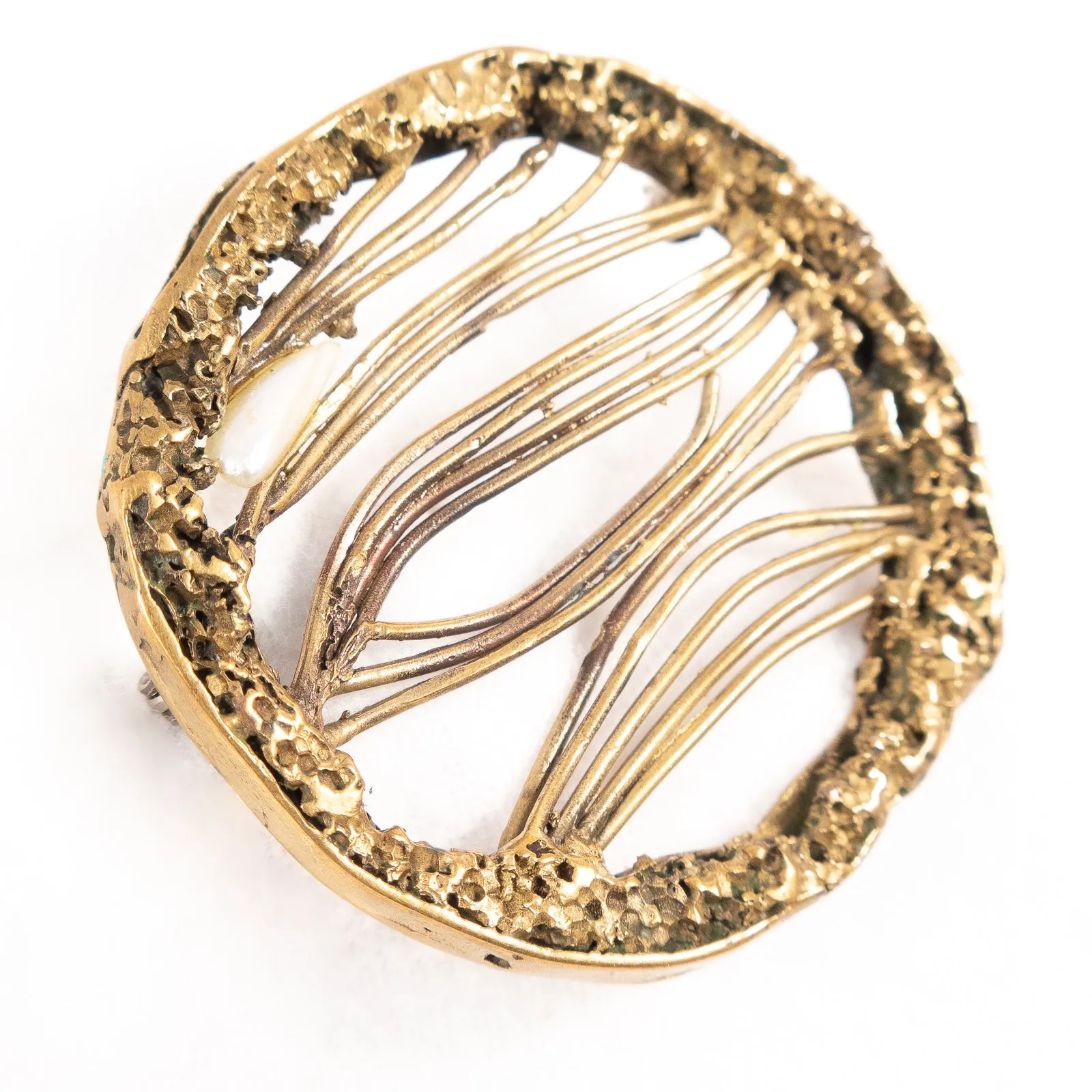 Modernist Brass and Pearl Brooch