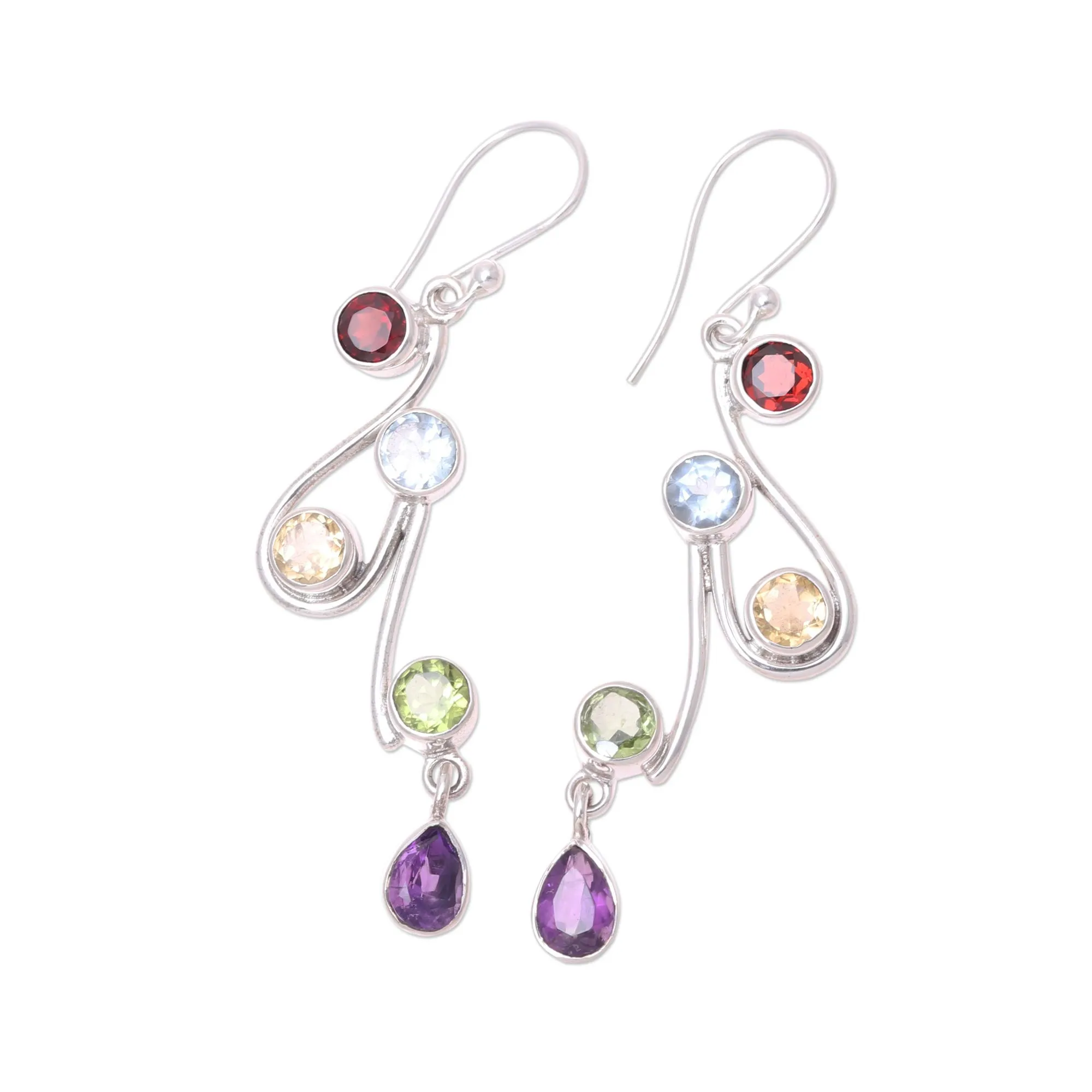 Multi-Gemstone and Scrolling Sterling Silver Dangle Earrings - Dancing Rainbow | NOVICA