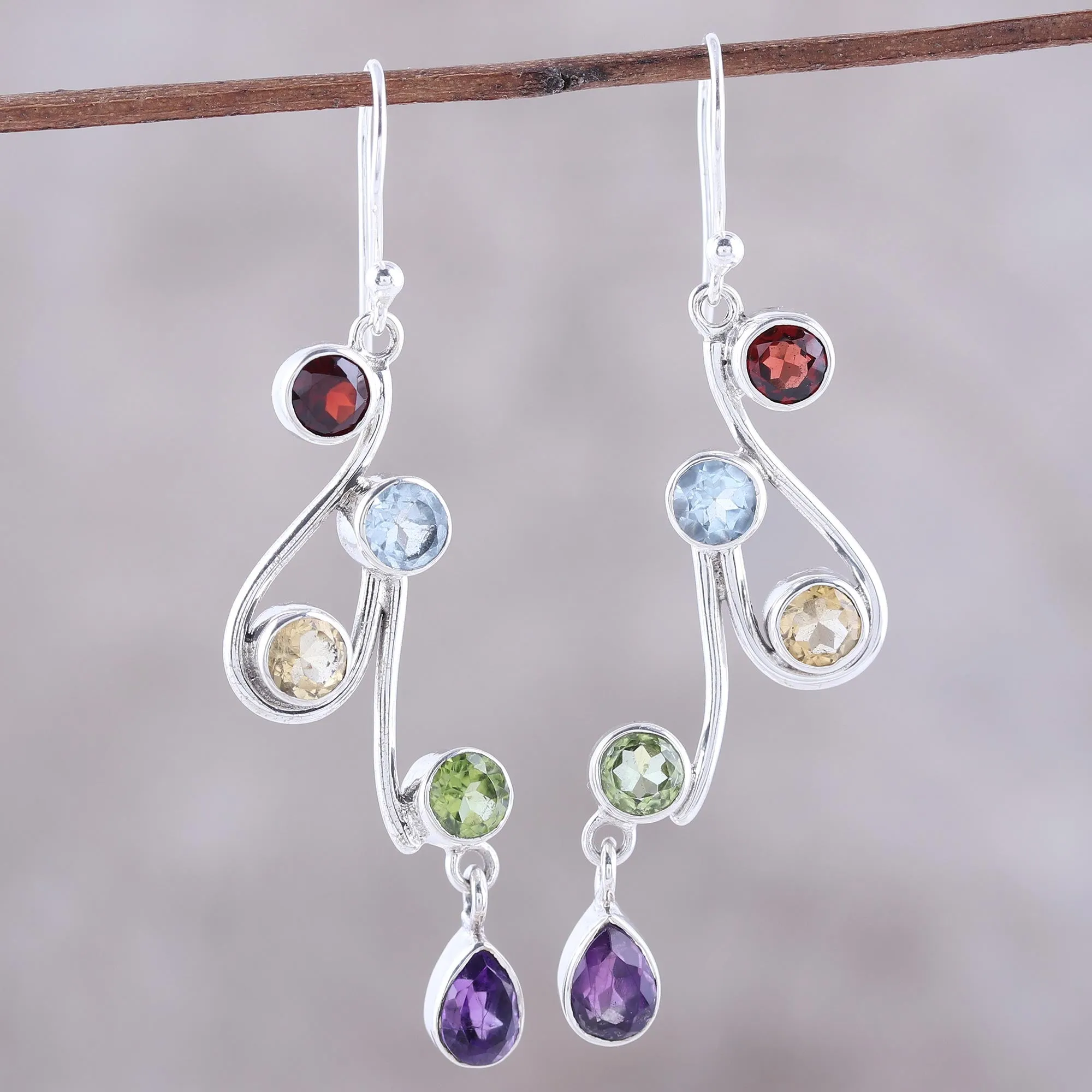 Multi-Gemstone and Scrolling Sterling Silver Dangle Earrings - Dancing Rainbow | NOVICA