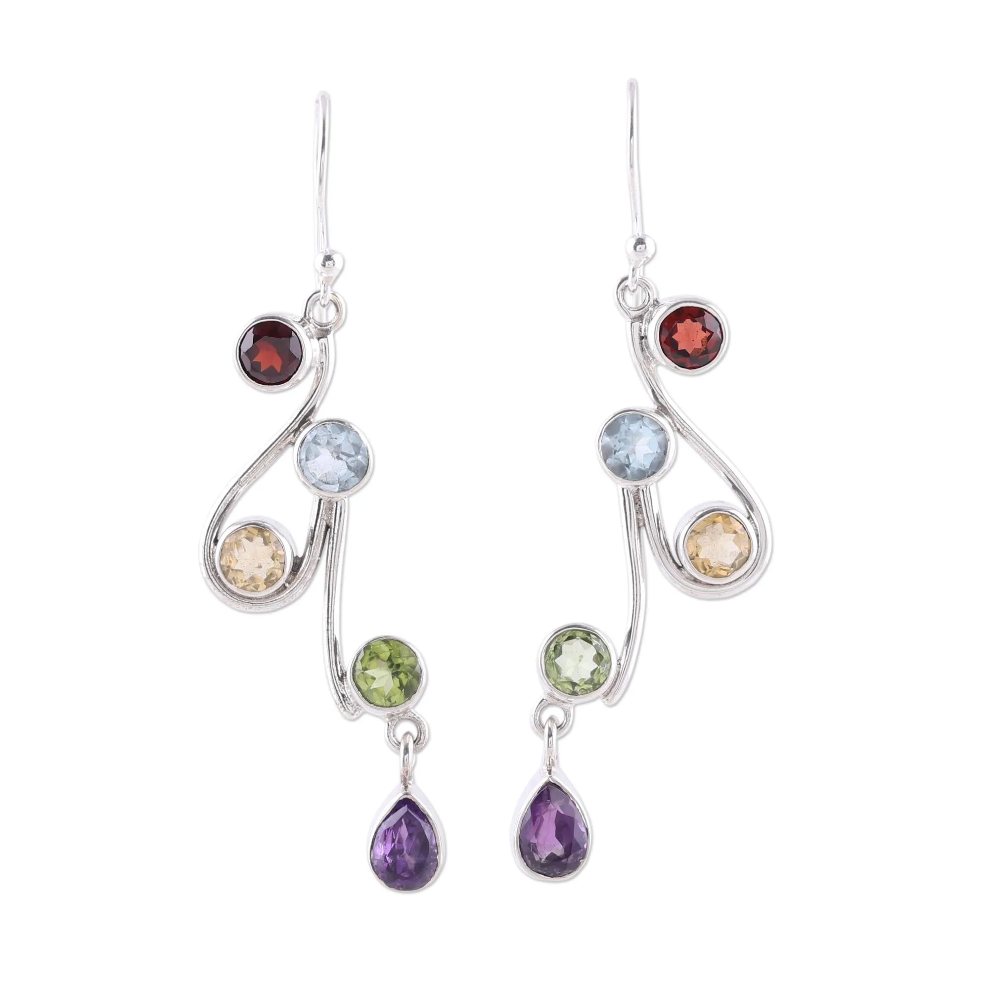 Multi-Gemstone and Scrolling Sterling Silver Dangle Earrings - Dancing Rainbow | NOVICA