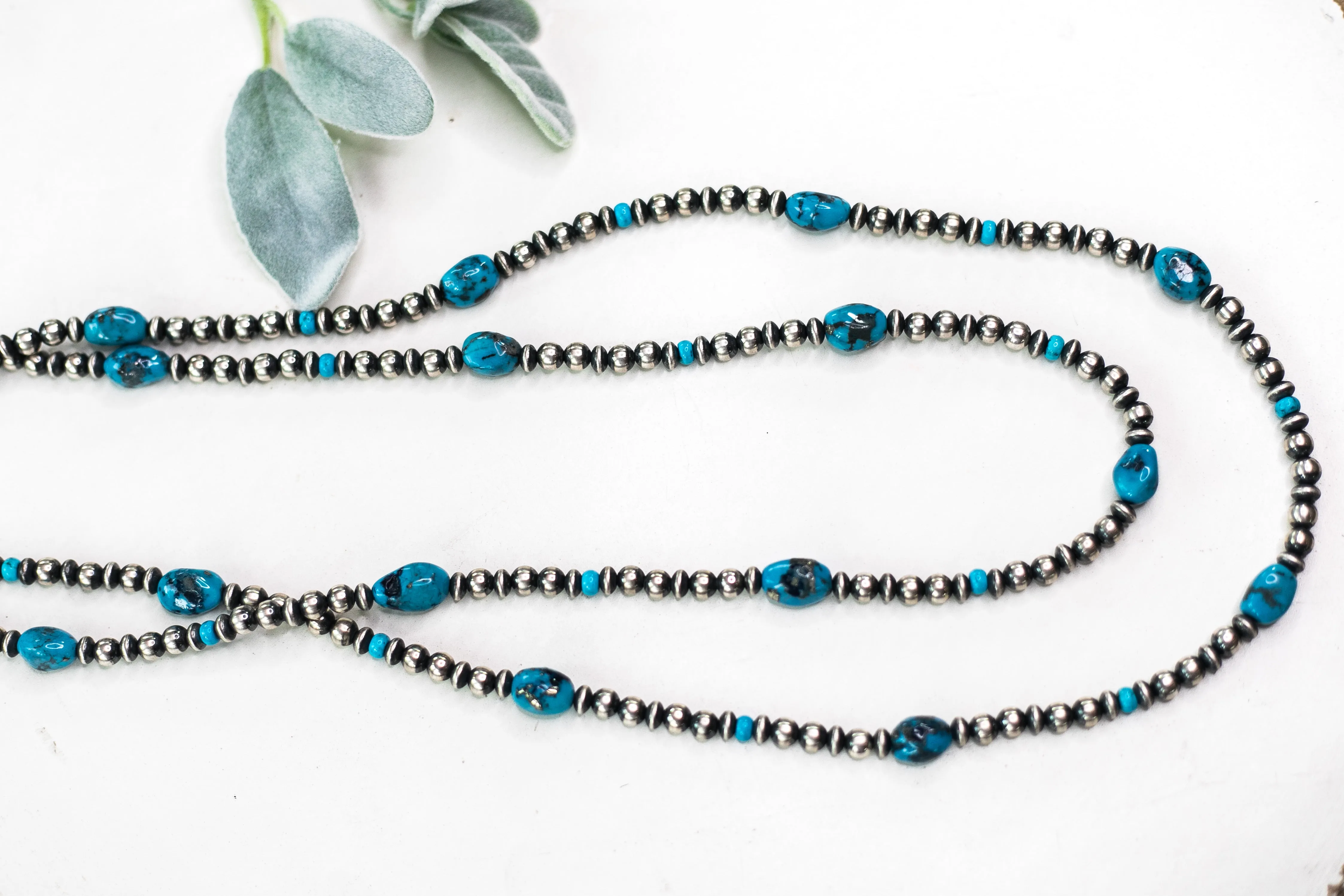 Navajo | Navajo Handmade Sterling Silver Navajo Pearl Necklace with Turquoise Stones | 60 inches