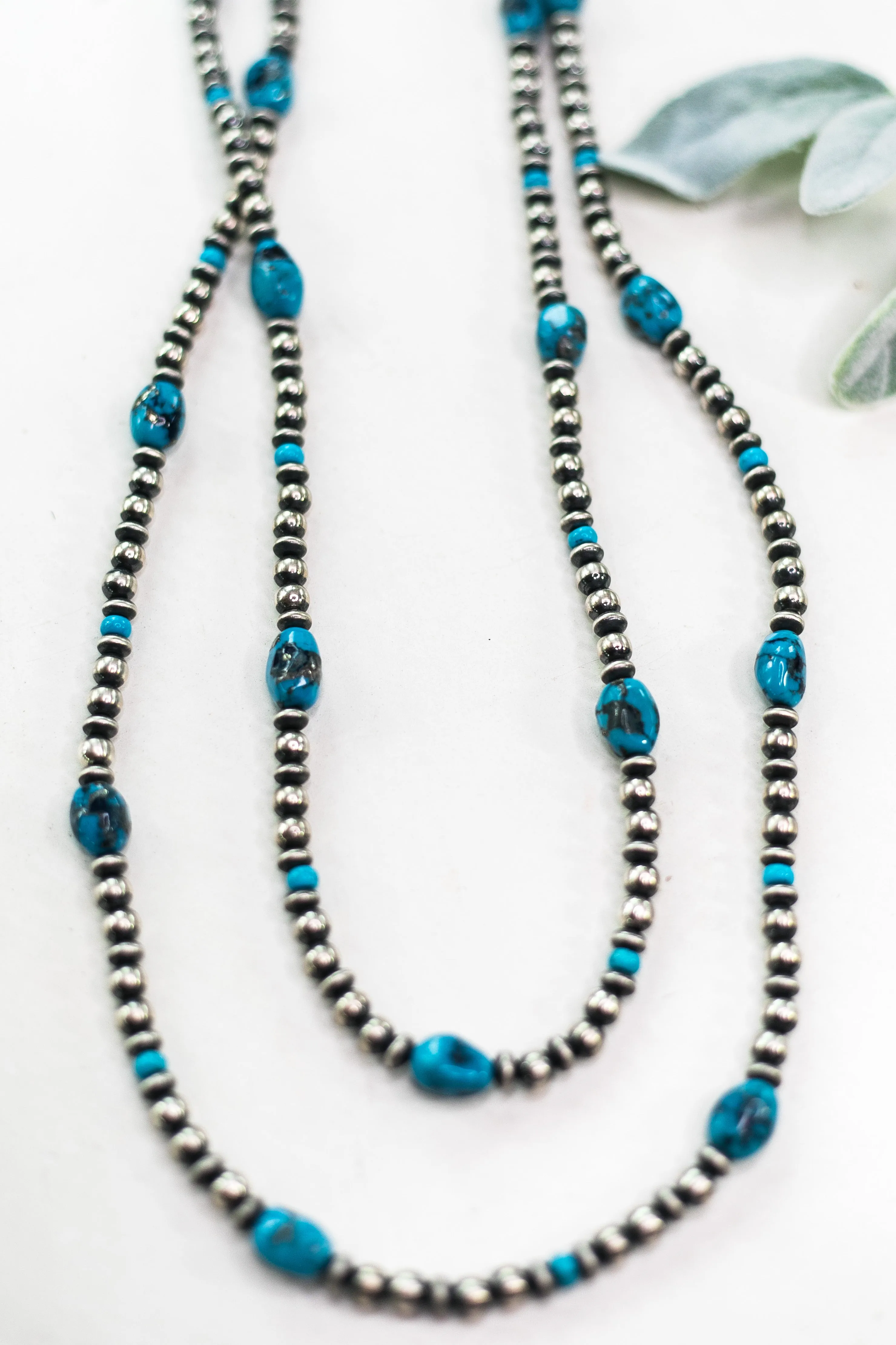 Navajo | Navajo Handmade Sterling Silver Navajo Pearl Necklace with Turquoise Stones | 60 inches