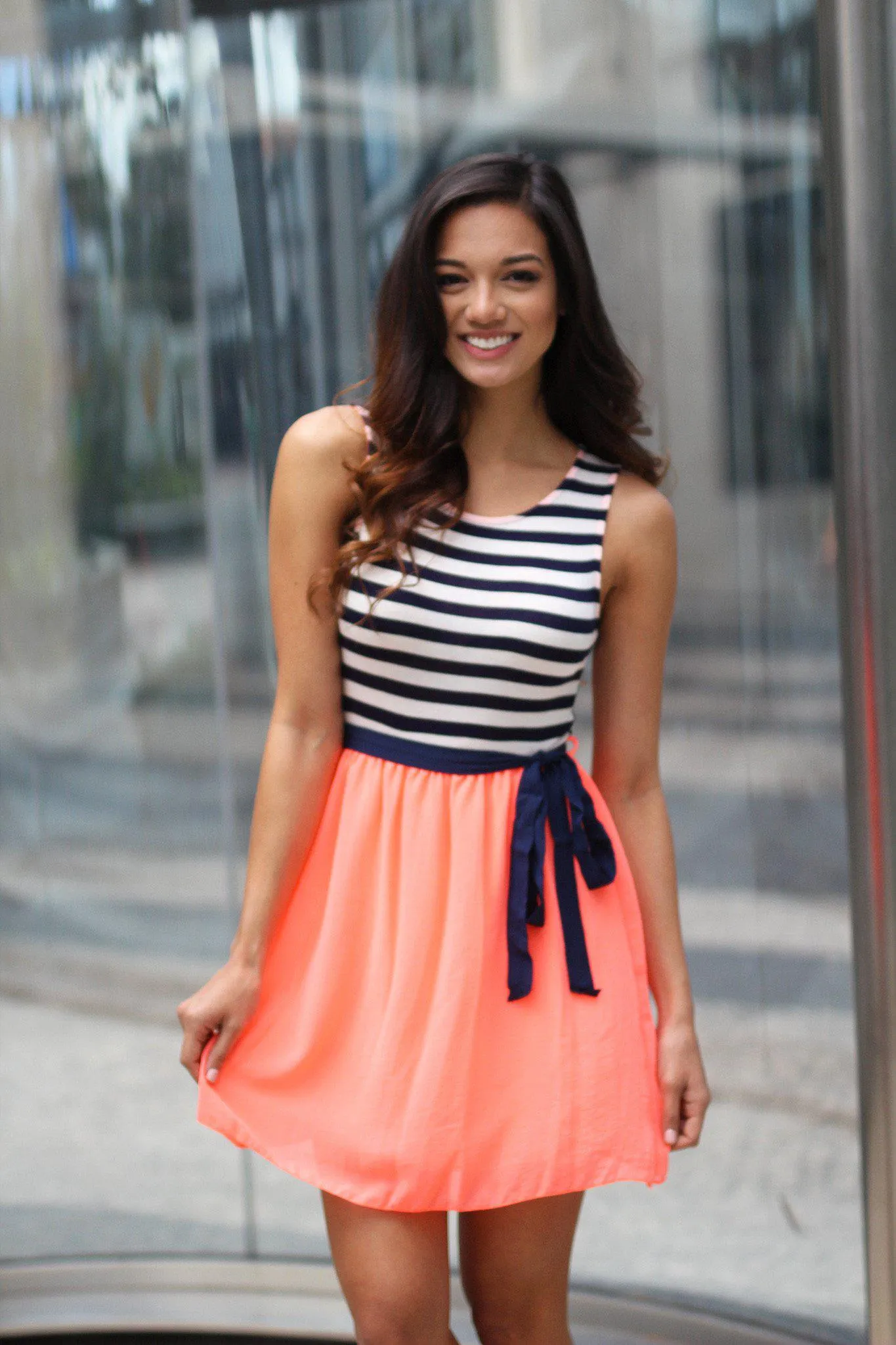 Neon Coral Striped Short Dress