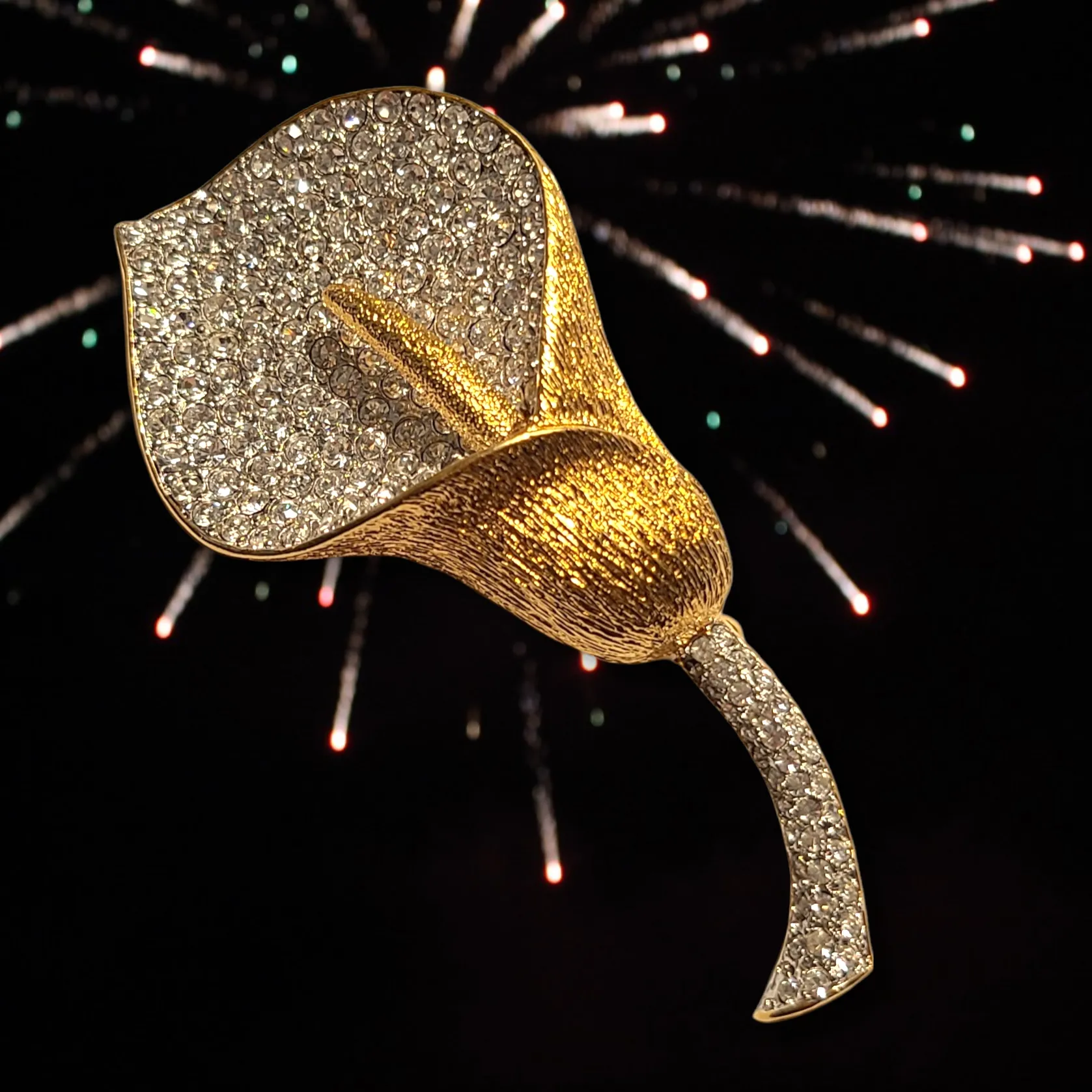 Nolan Miller Anthurium Brooch - Goldtone and Pavé Rhinestones