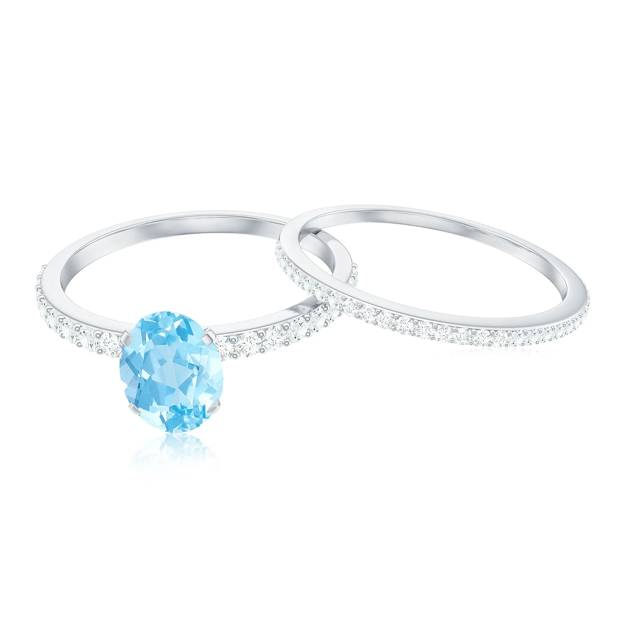 Oval Aquamarine Solitaire Wedding Ring Set with Diamond Side Stones