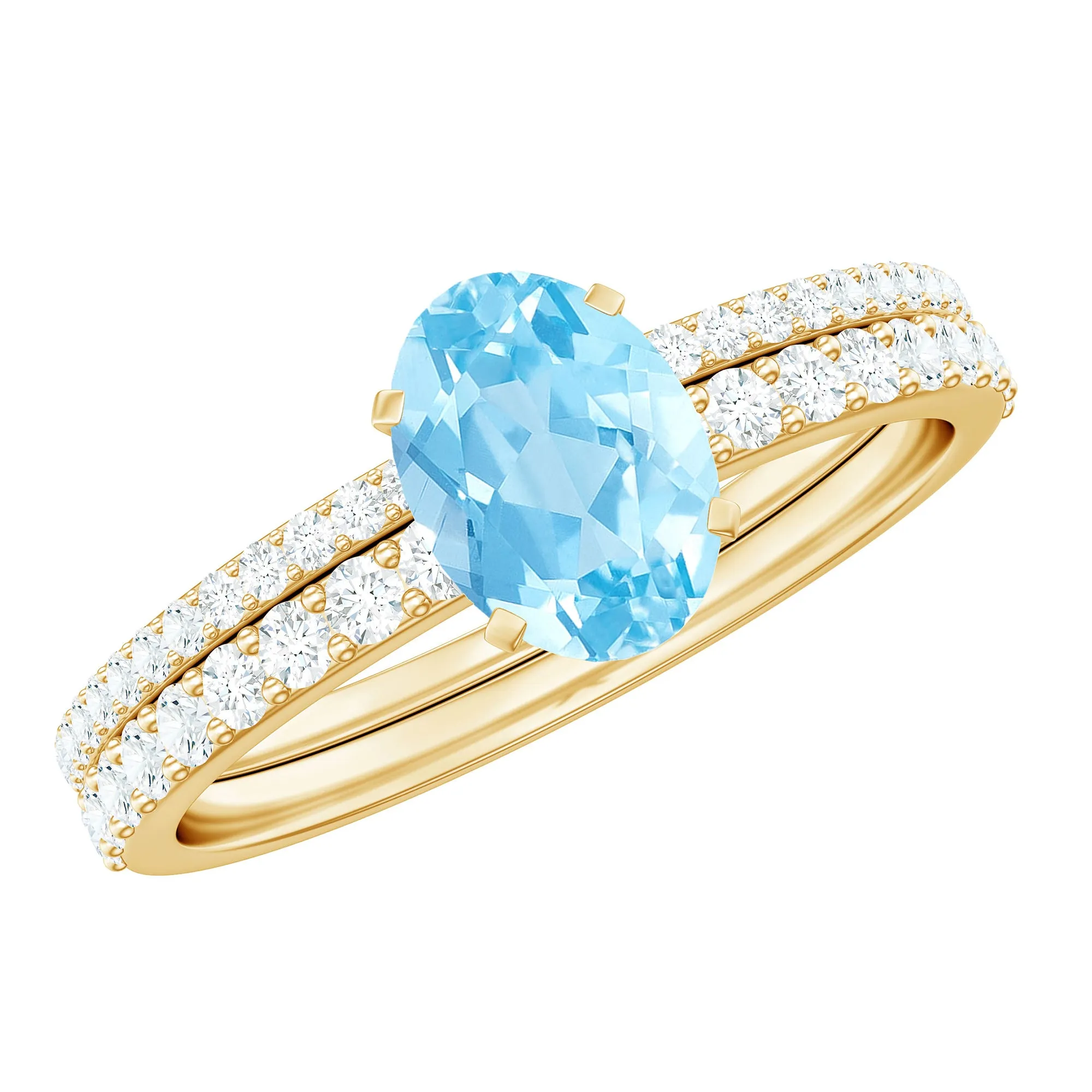 Oval Aquamarine Solitaire Wedding Ring Set with Diamond Side Stones