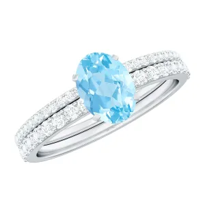 Oval Aquamarine Solitaire Wedding Ring Set with Diamond Side Stones