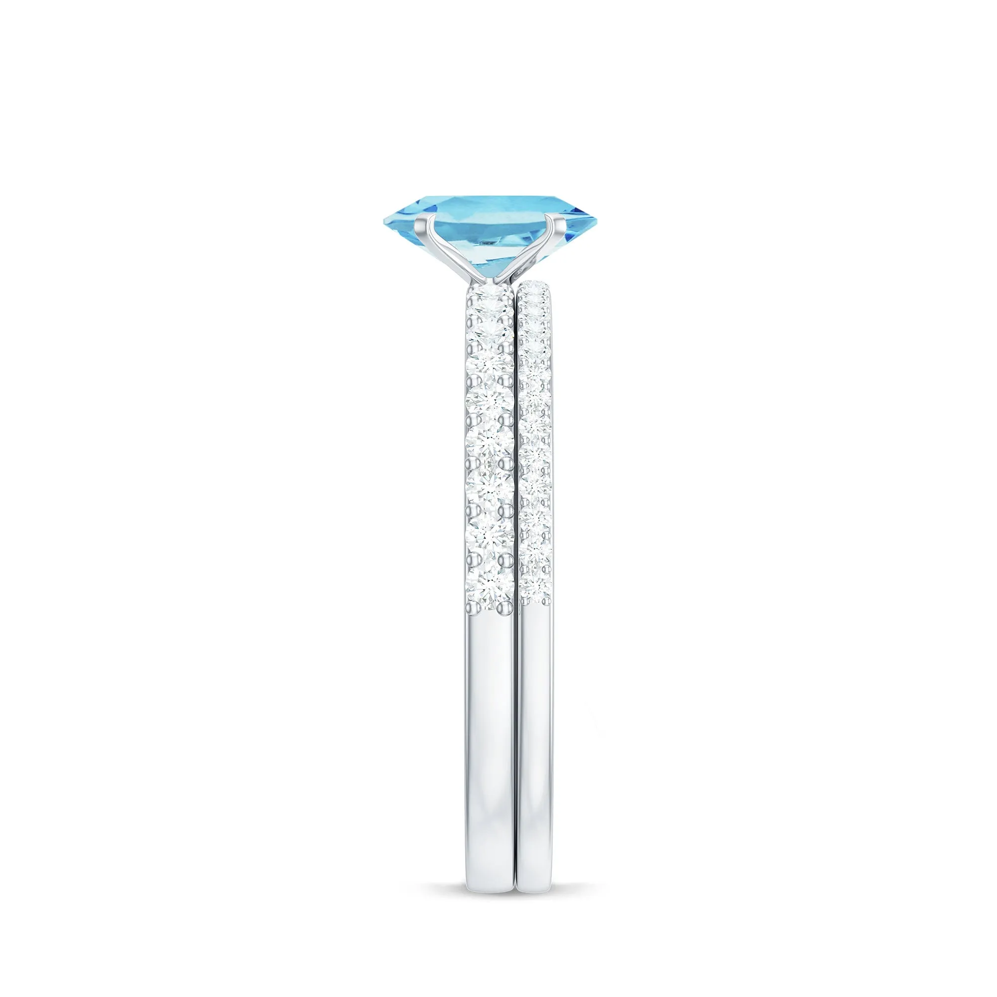 Oval Aquamarine Solitaire Wedding Ring Set with Diamond Side Stones
