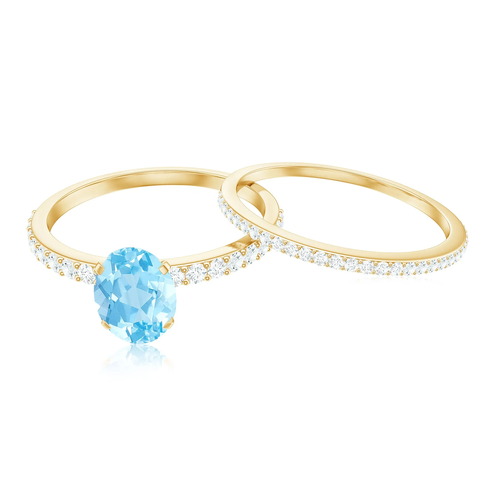 Oval Aquamarine Solitaire Wedding Ring Set with Diamond Side Stones