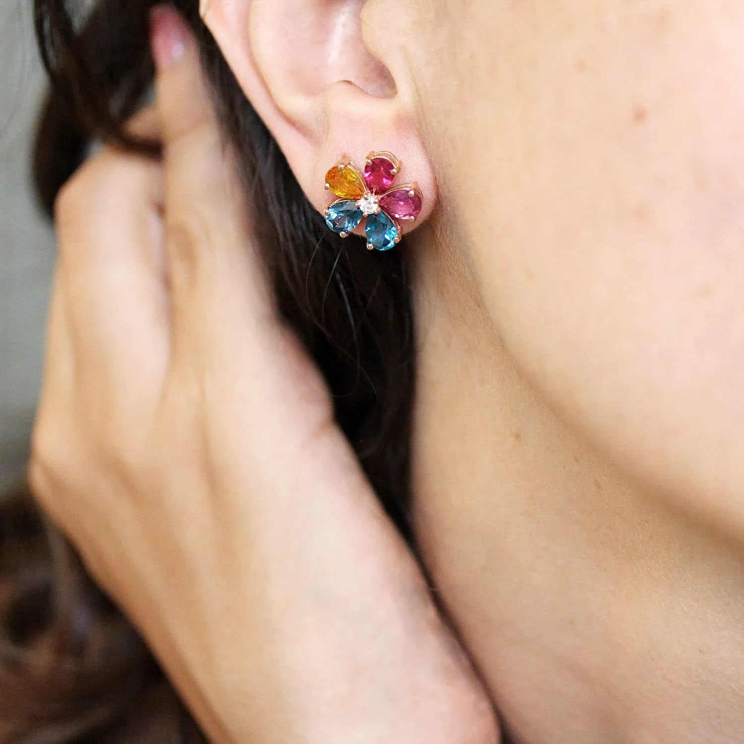 Pear Gemstone Flowers Stud Colorful Earrings ♥