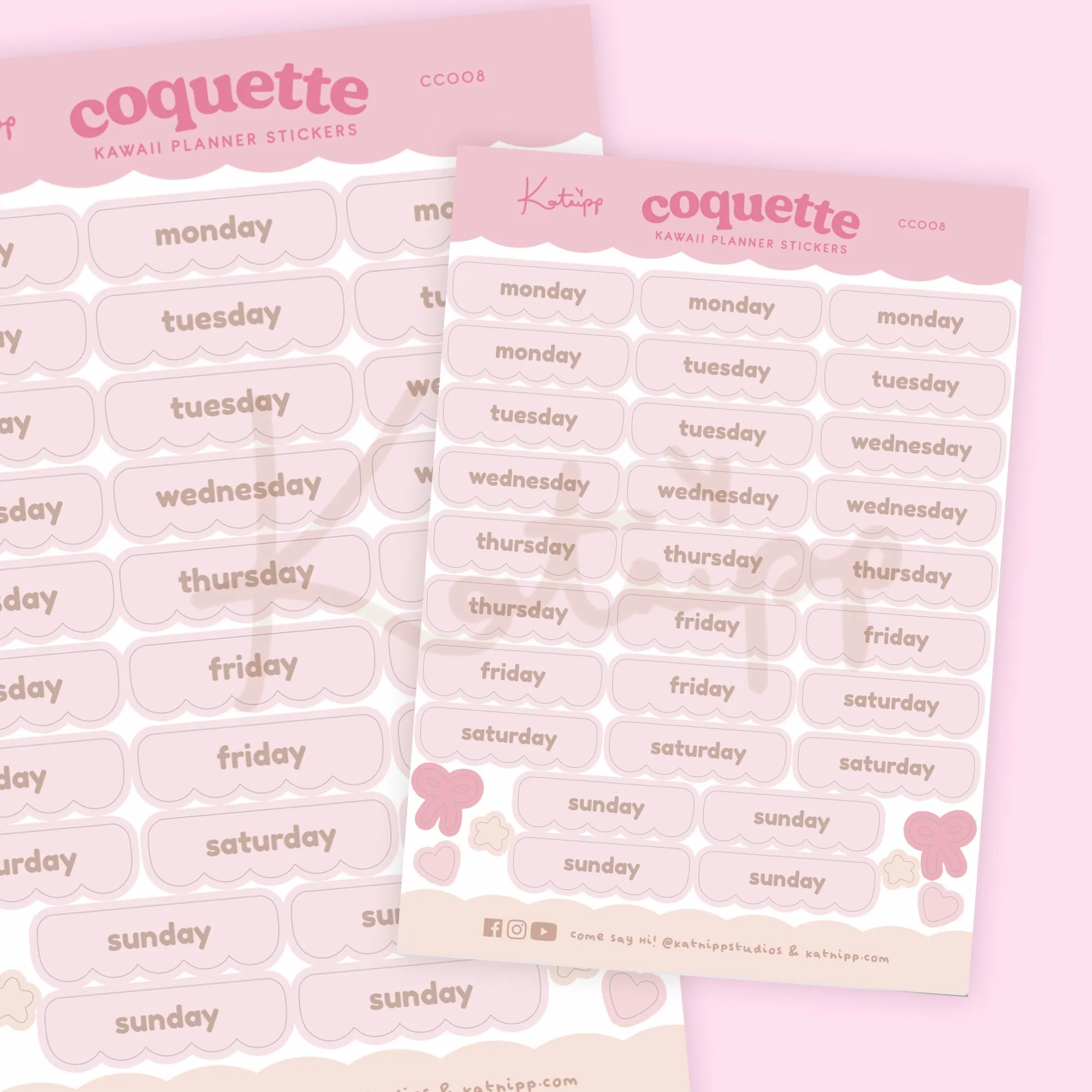 Pink Coquette Bow Weekday Planner Stickers | Kawaii Organisational Stickers | CC008