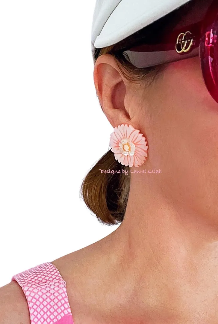 Pink, Orange & White Floral Cameo Pearl Studs