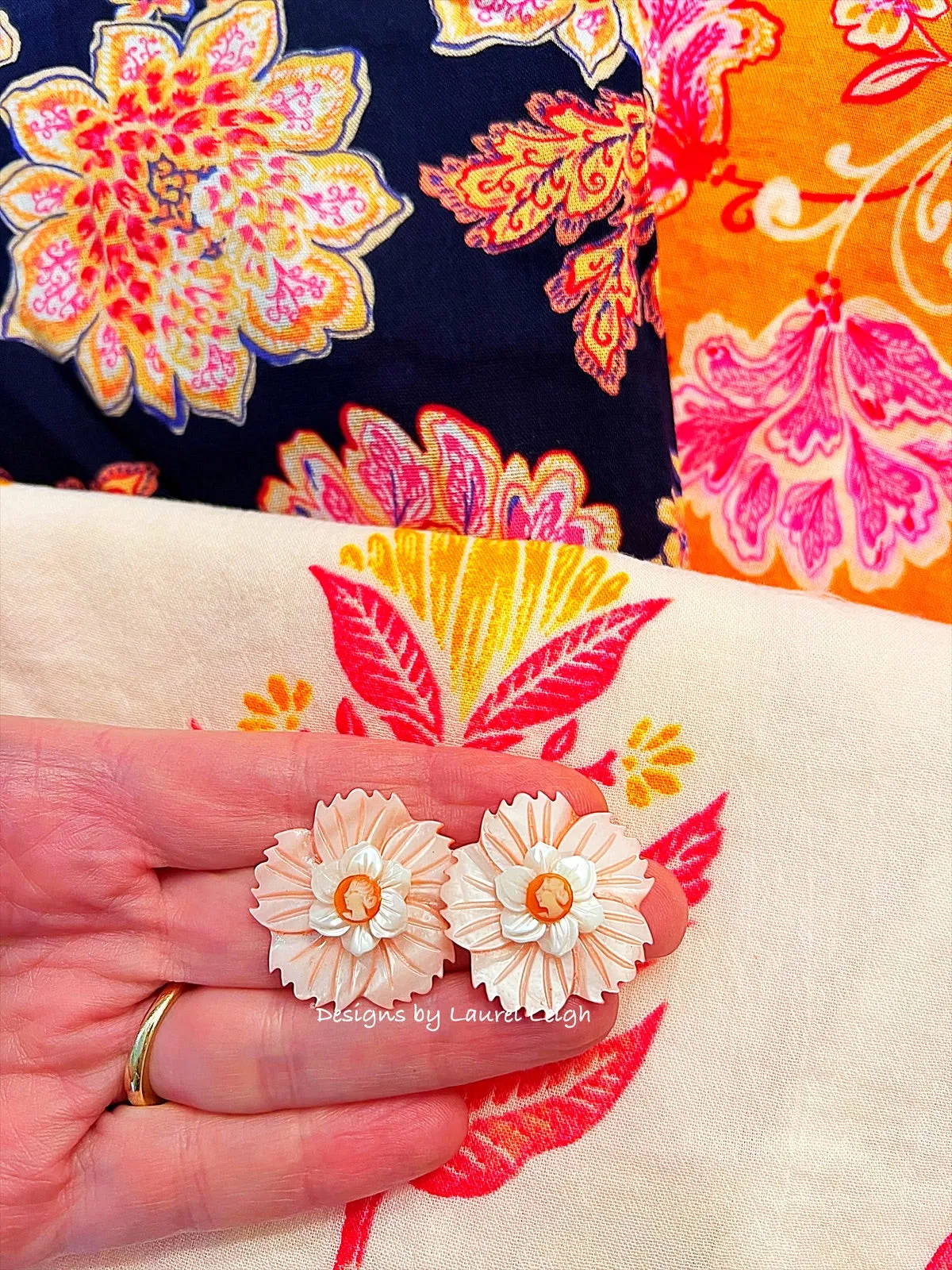 Pink, Orange & White Floral Cameo Pearl Studs