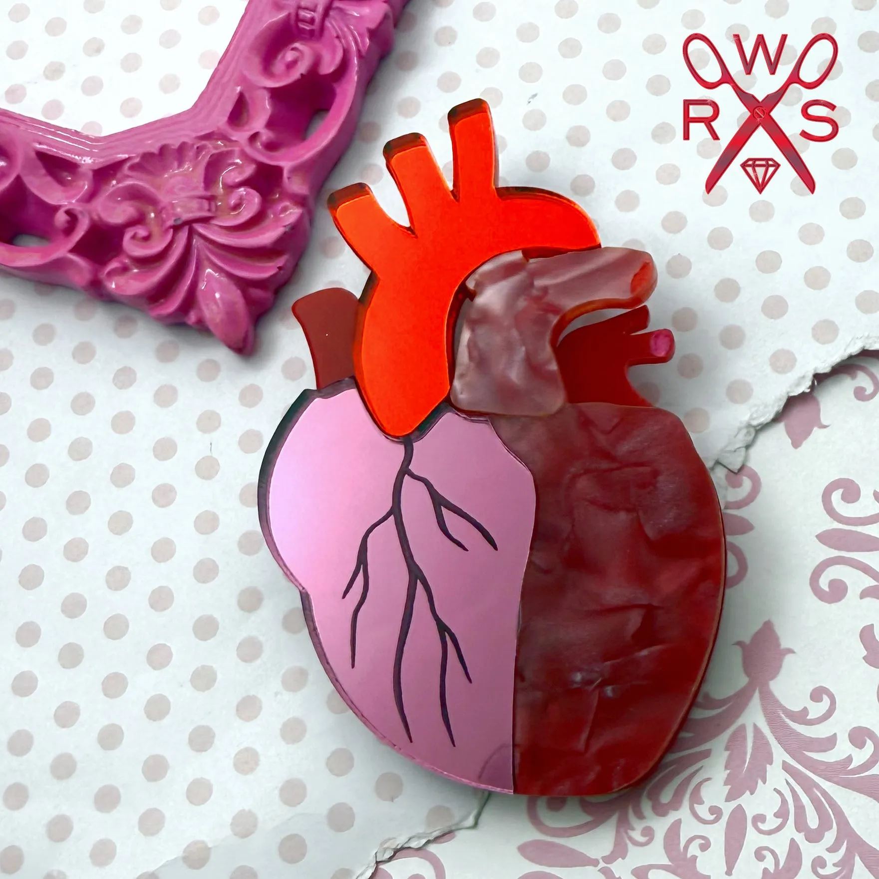 Pulse Perfect Anatomical Heart Brooch in Red and Pink