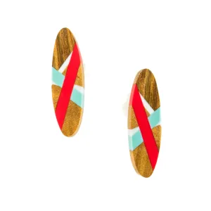 Red and Aqua Wood Stud Earrings