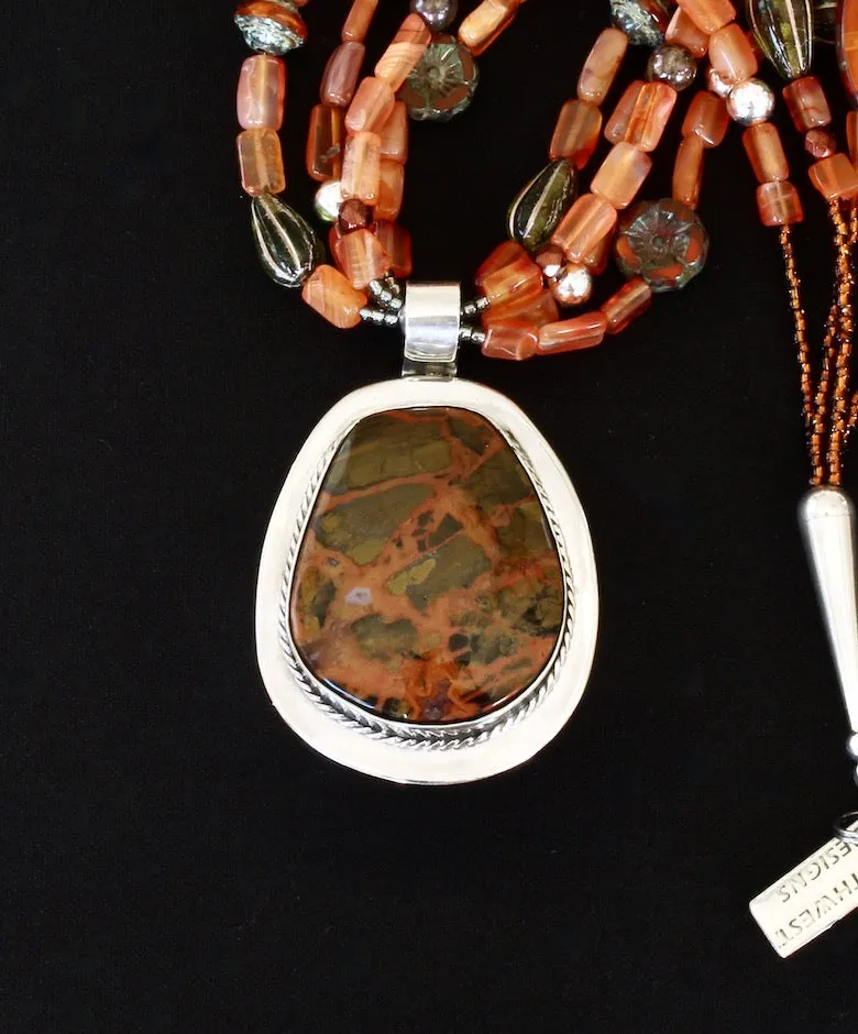 Red Creek Jasper and Sterling Silver Pendant with 4 Strands of Peach Glass Rectangles, Czech Glass and Sterling Silver