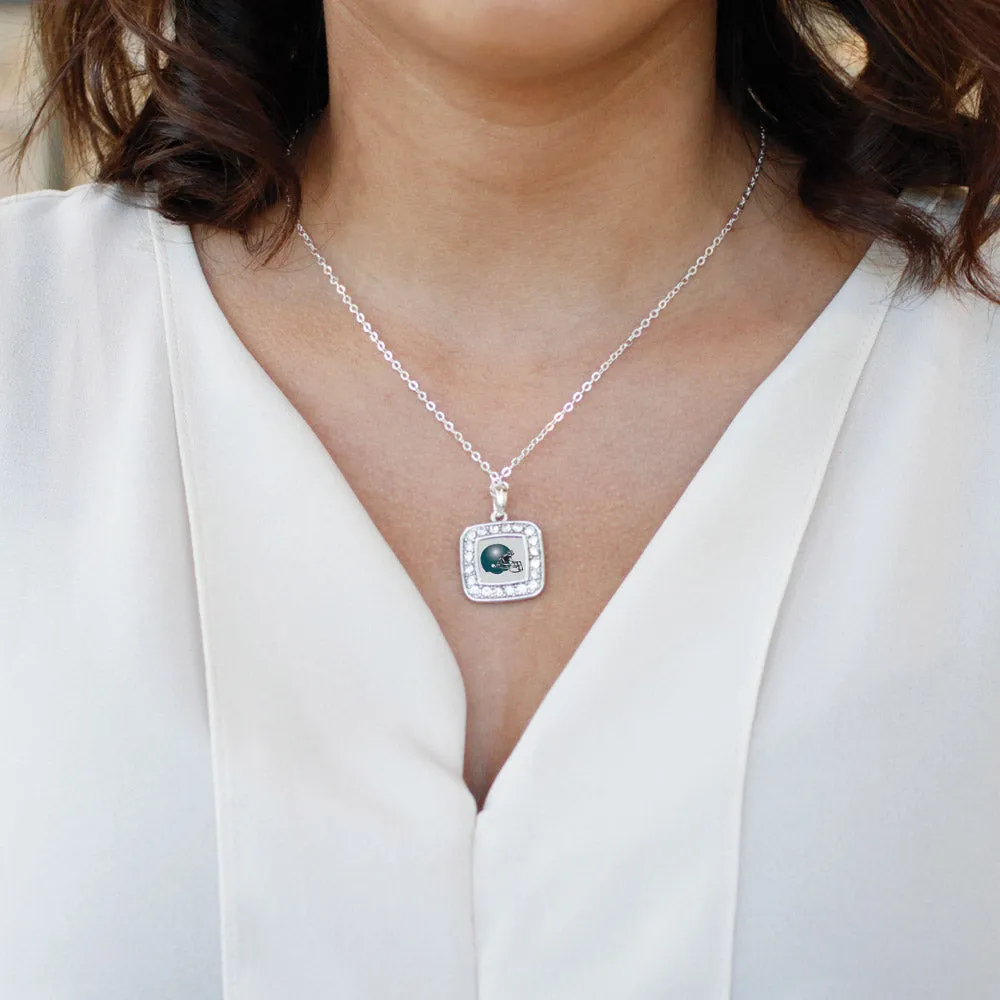 Silver Grey and Turquoise Team Helmet Square Charm Classic Necklace