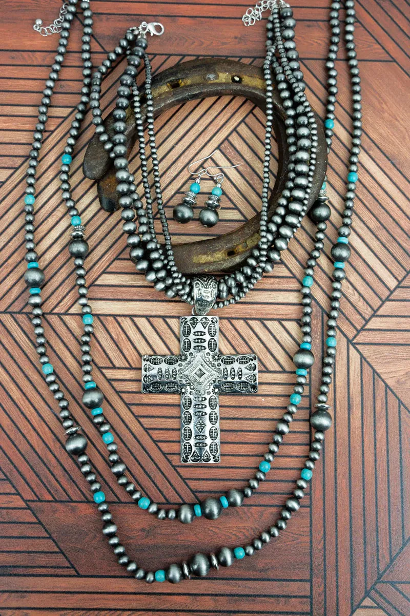 Silverthorne Turquoise Cross Double Necklace and Earring Set
