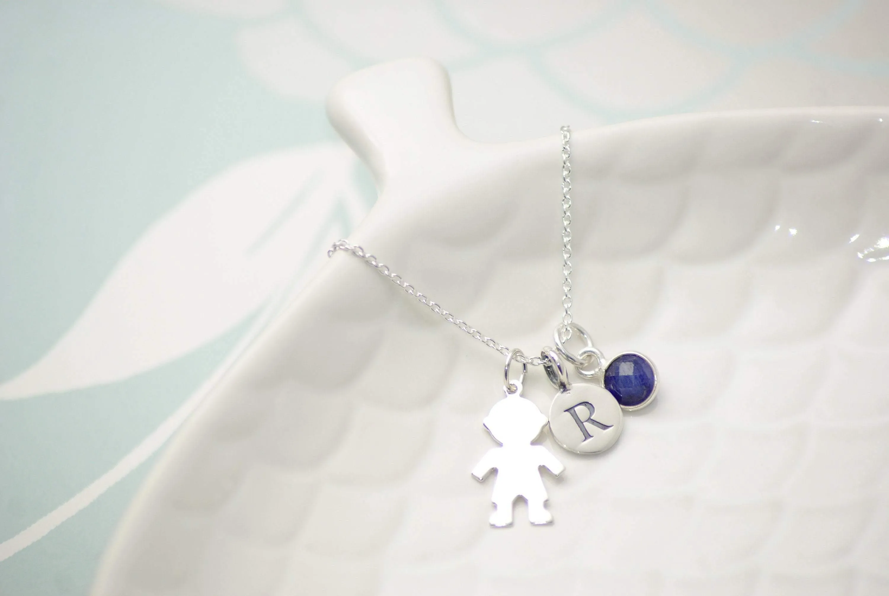 Sterling Silver Initial and Gemstone New Baby Boy Pendant Necklace