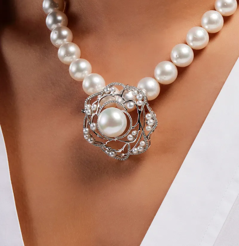 The Camelia - Australian South Sea  16mm Pearl & Diamond Pendant