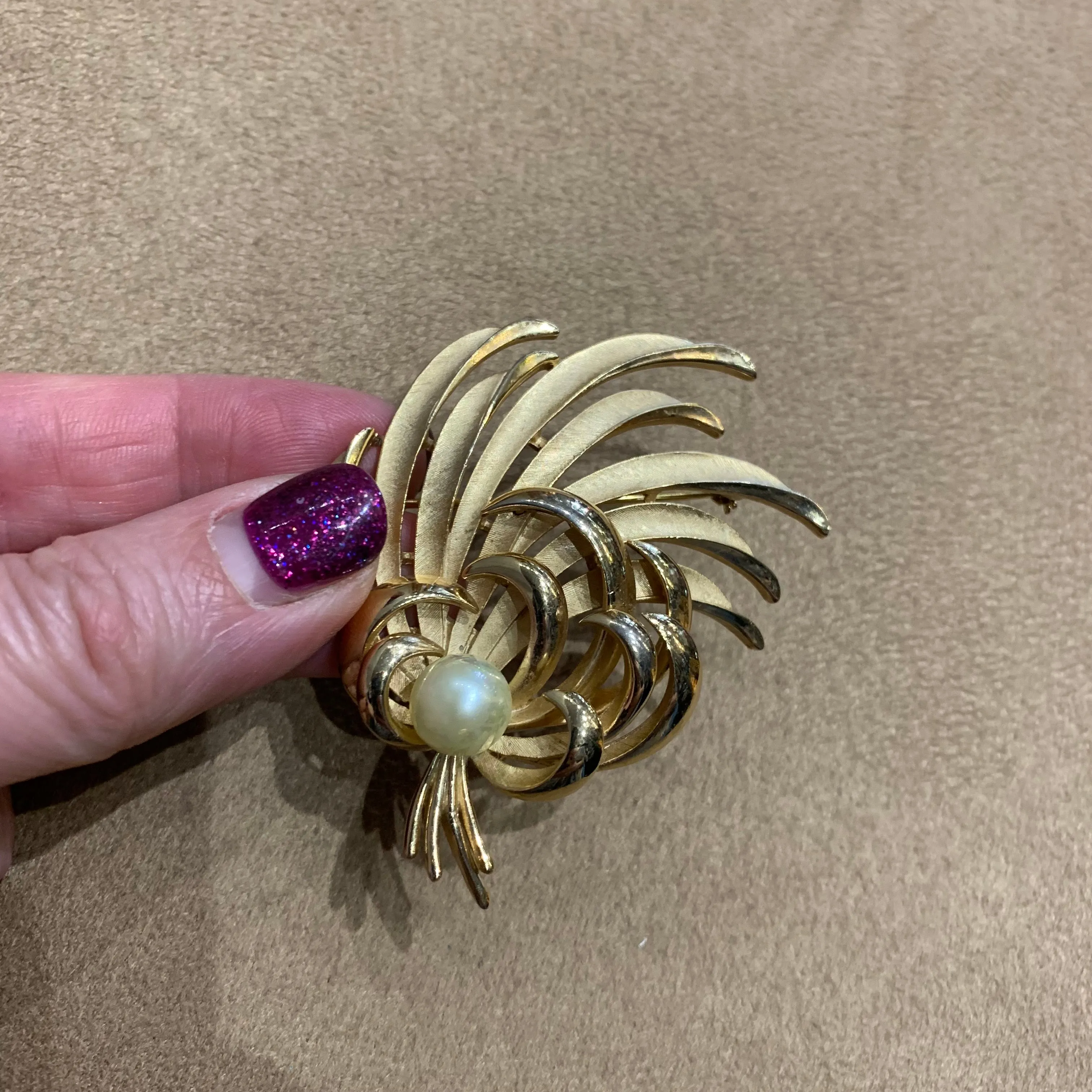 Trifari Vintage Pearl Leafy Spray Brooch